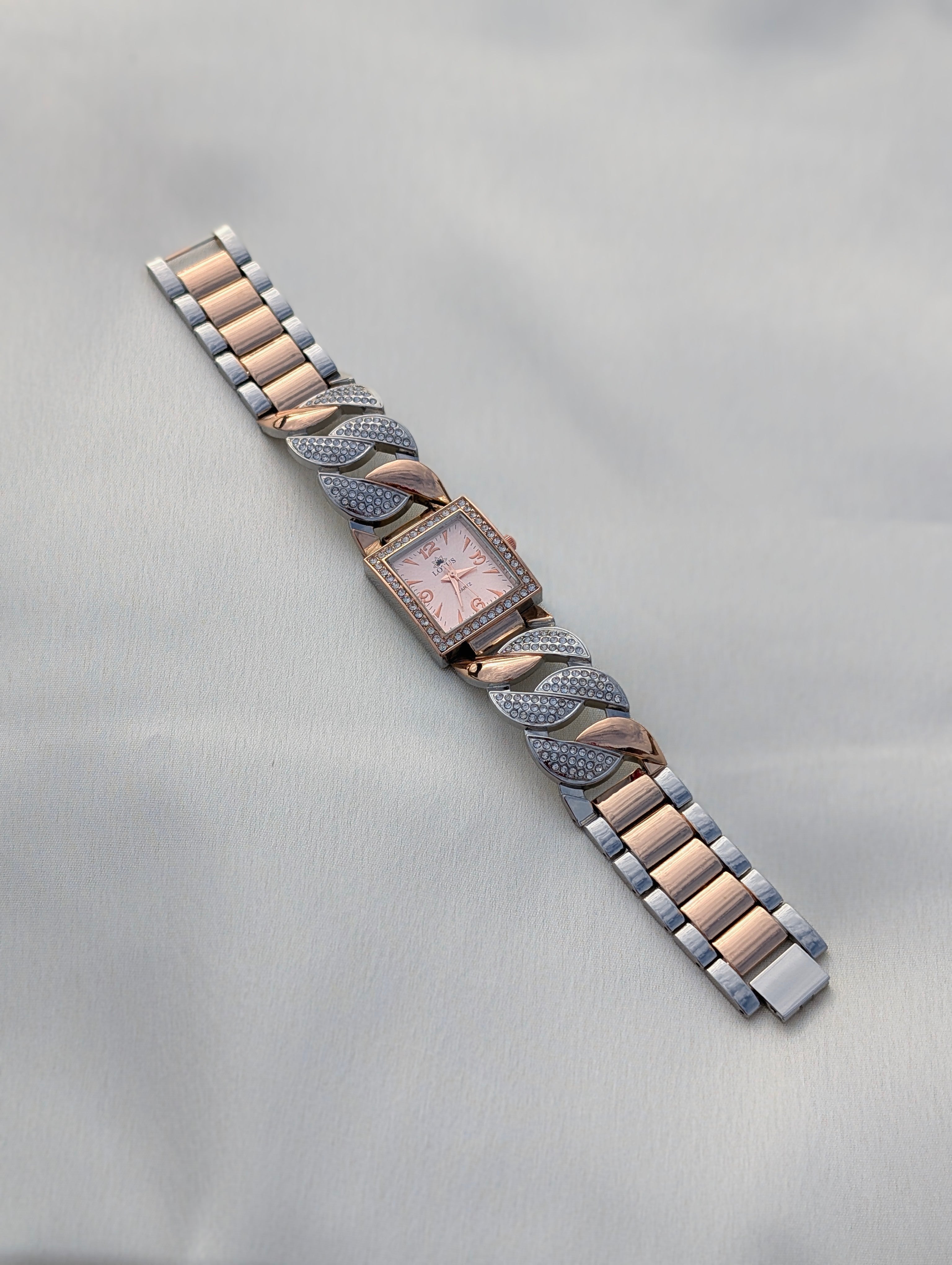Luxury Rose Gold Square Dial Watch with Diamond Leaf Strap – Lotus Quartz For Women