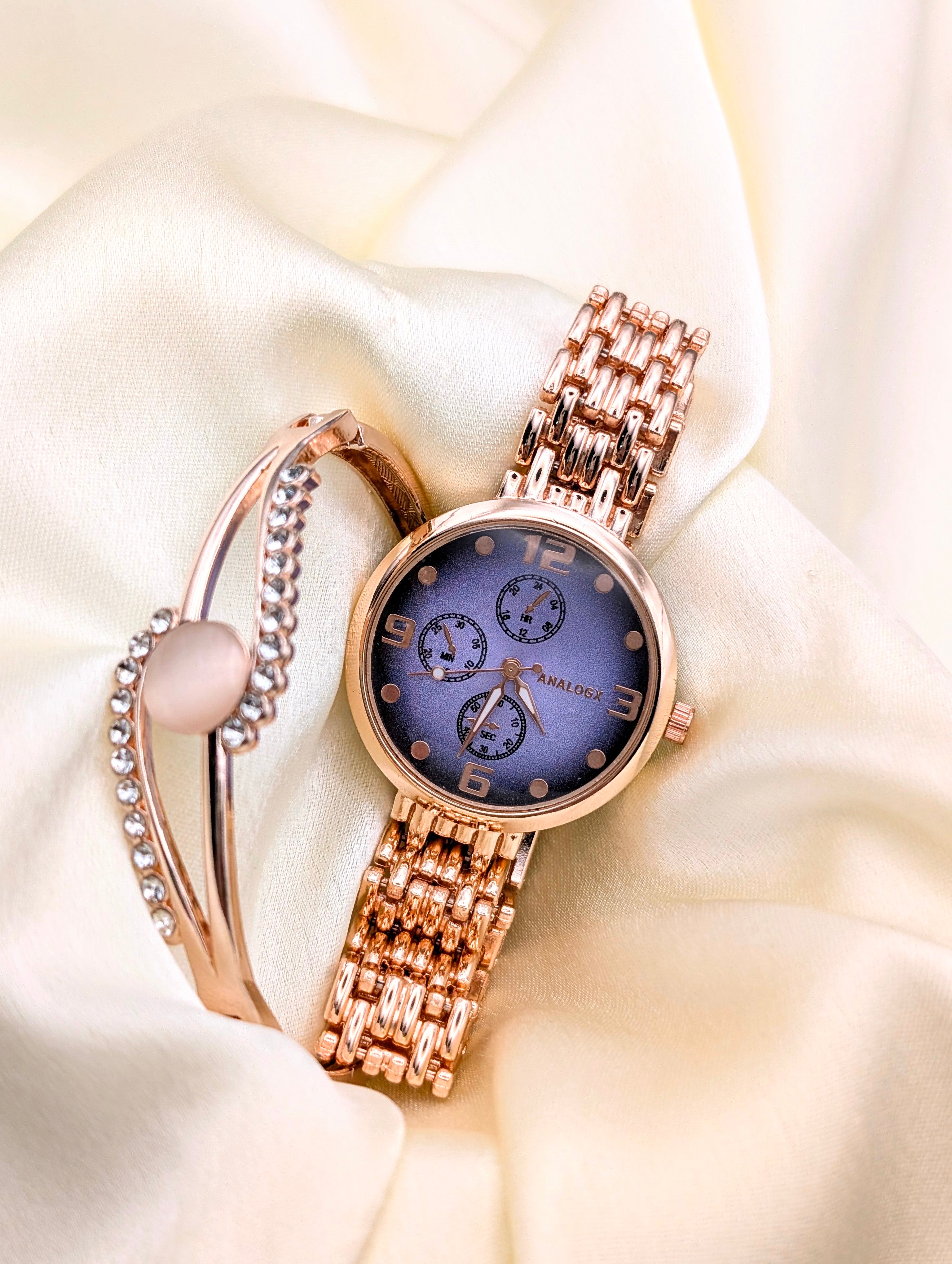 Timeless Beauty: Rose Gold Watch & Contemporary Bracelet for women