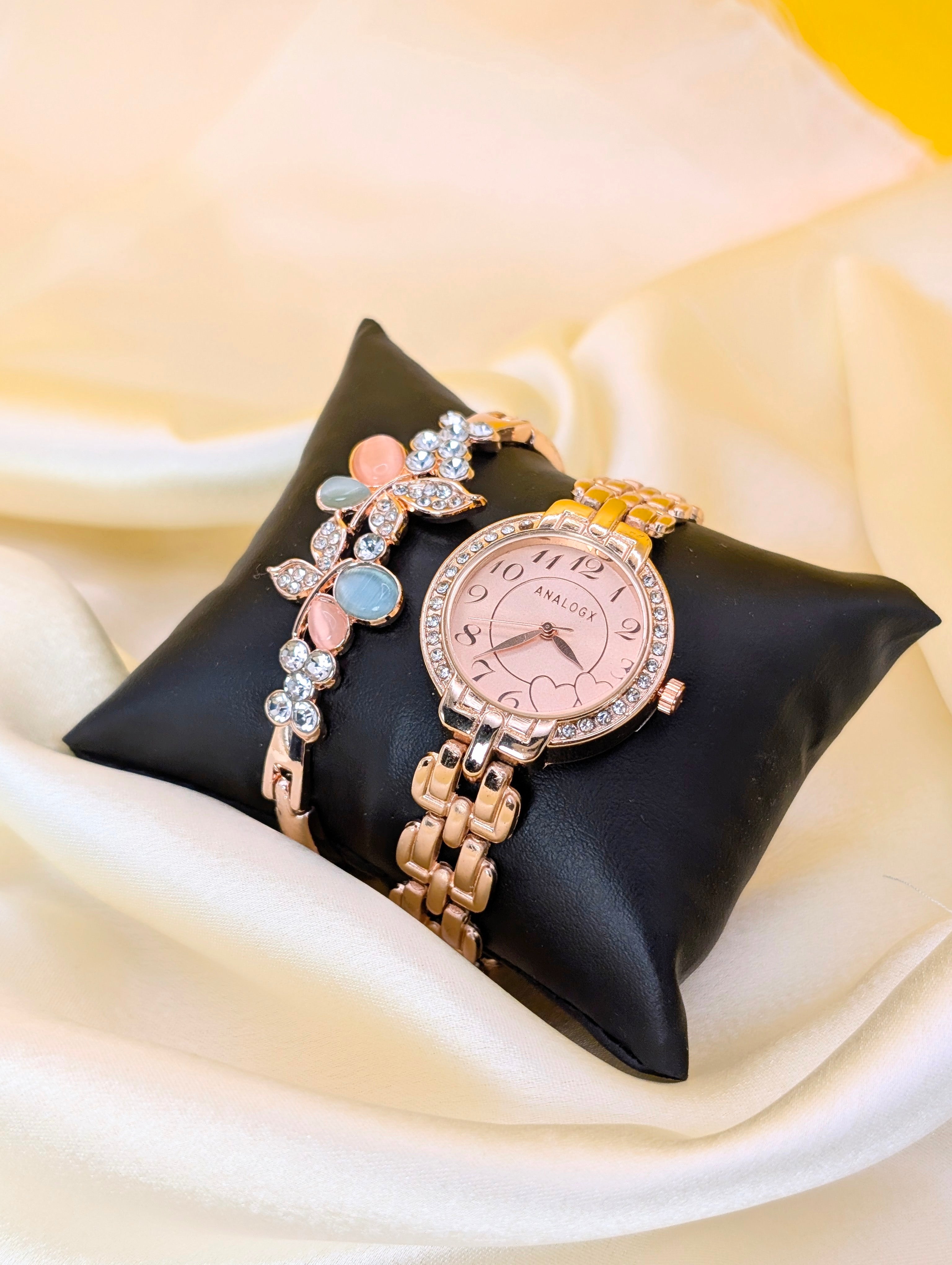 Sparkle & Style: Rose Gold Watch & Gemstone Flower Bracelet for women