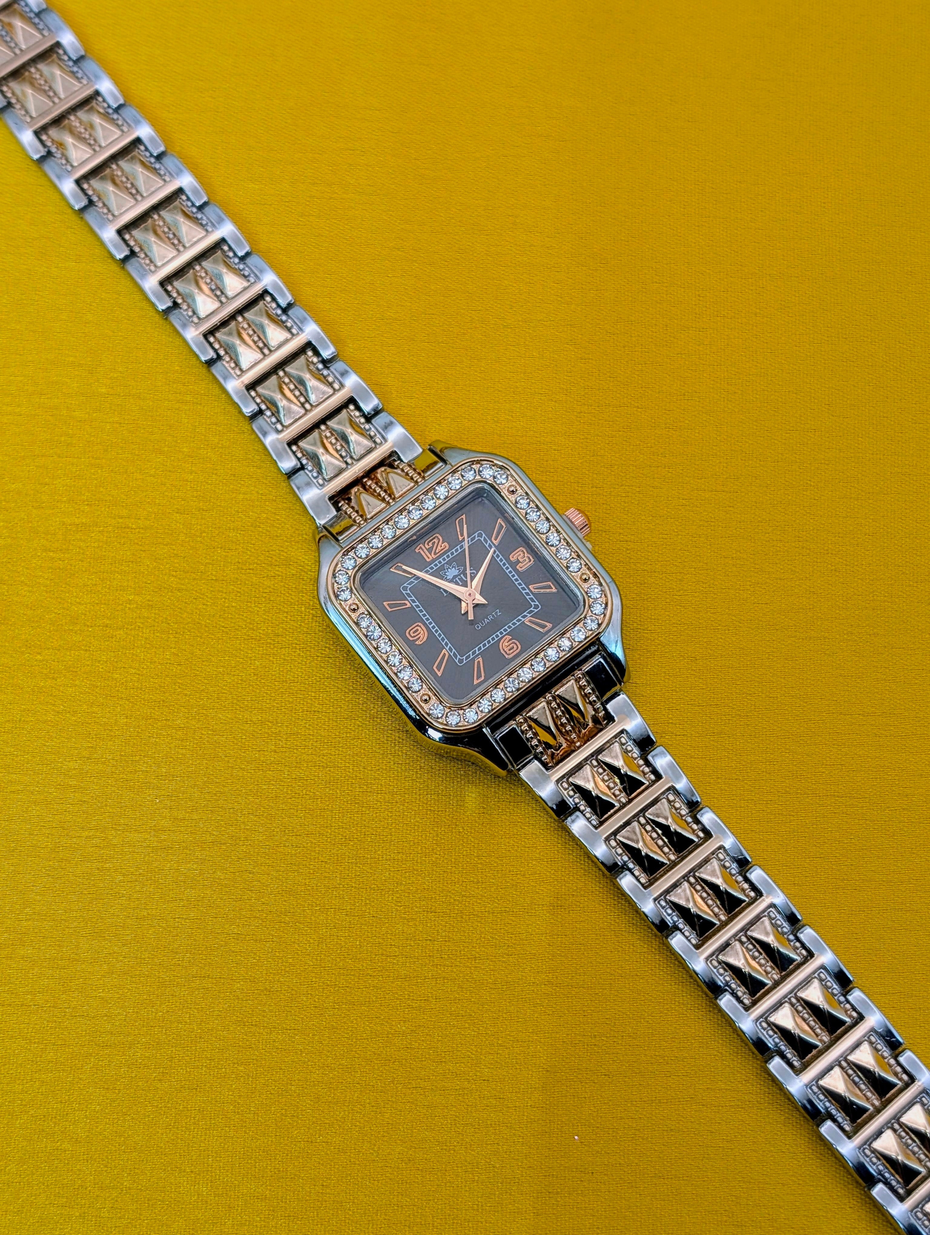 Two-Tone Square Lotus Watch with Studded Band For Women