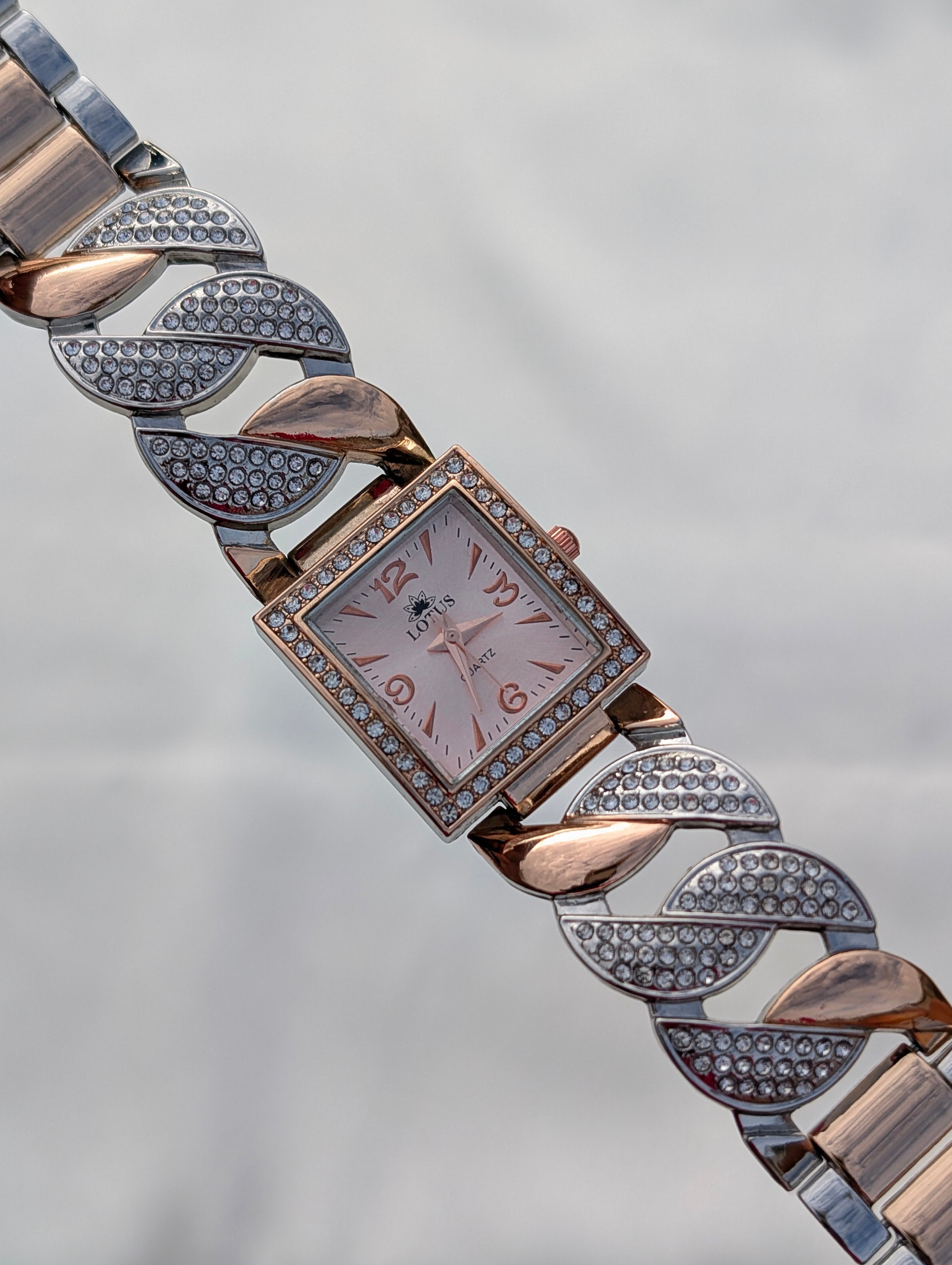 Luxury Rose Gold Square Dial Watch with Diamond Leaf Strap – Lotus Quartz For Women