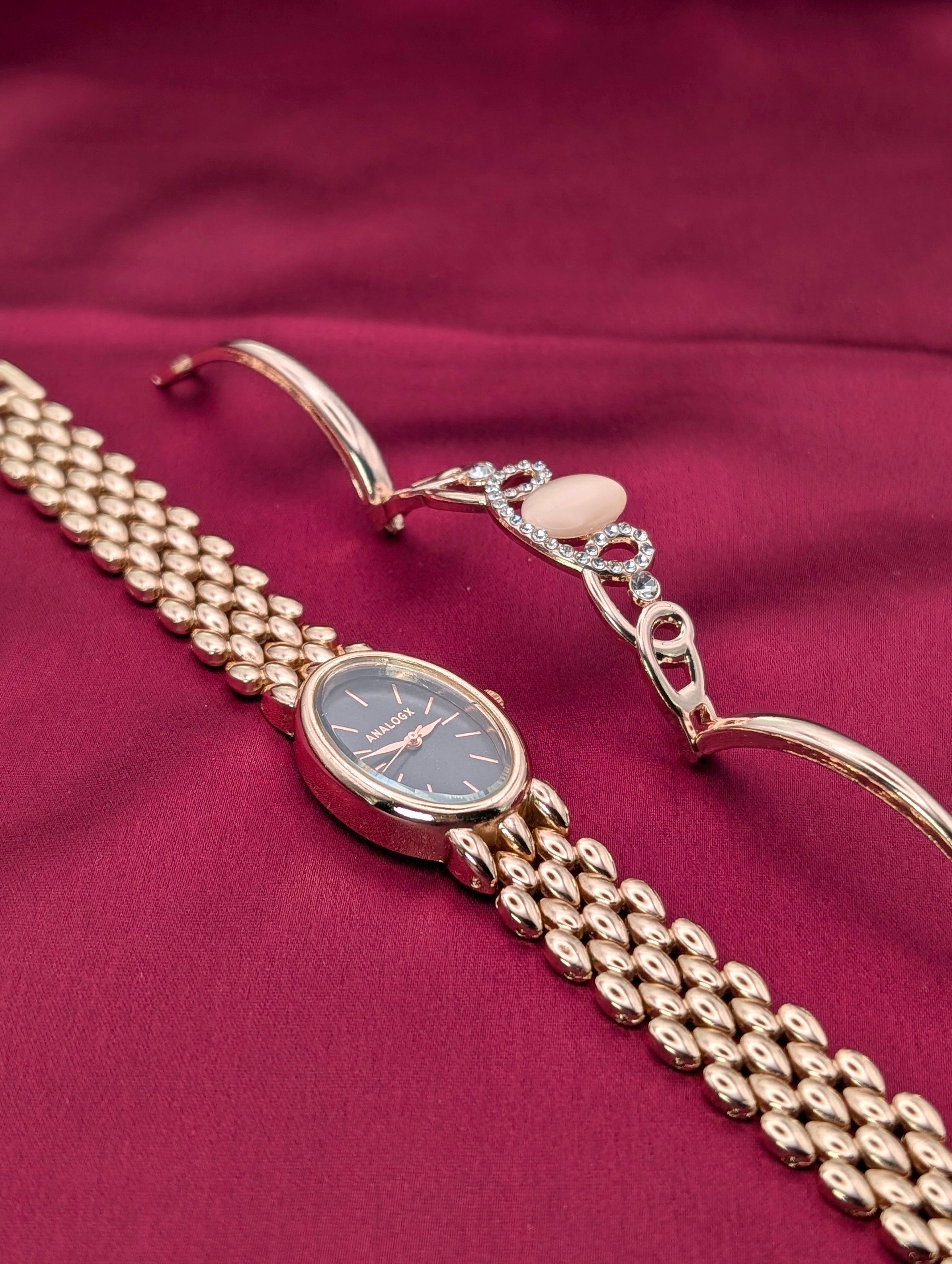 Elegant Rose Gold Watch & Gem Bracelet Set