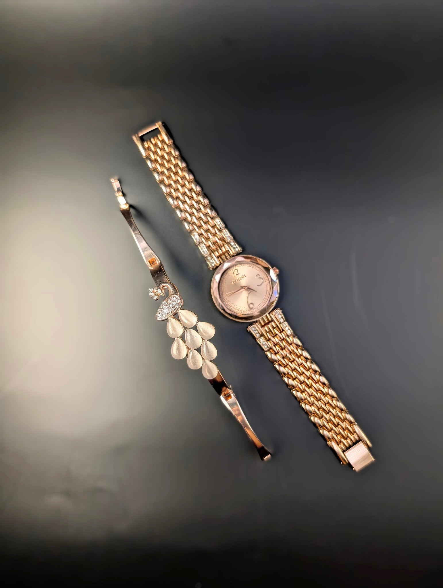 Peacock Charm Rose Gold Watch & Bracelet Set