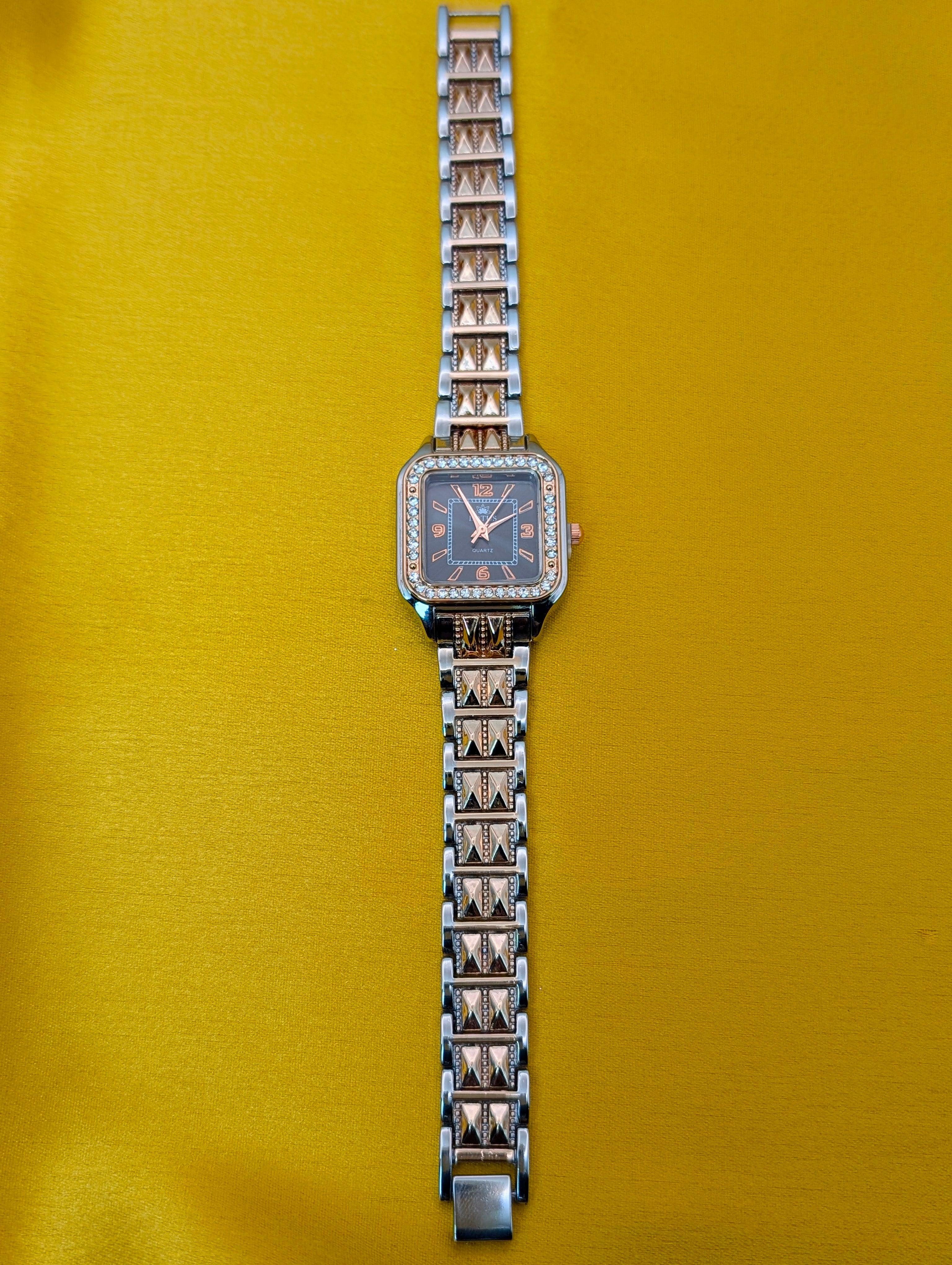 Two-Tone Square Lotus Watch with Studded Band For Women