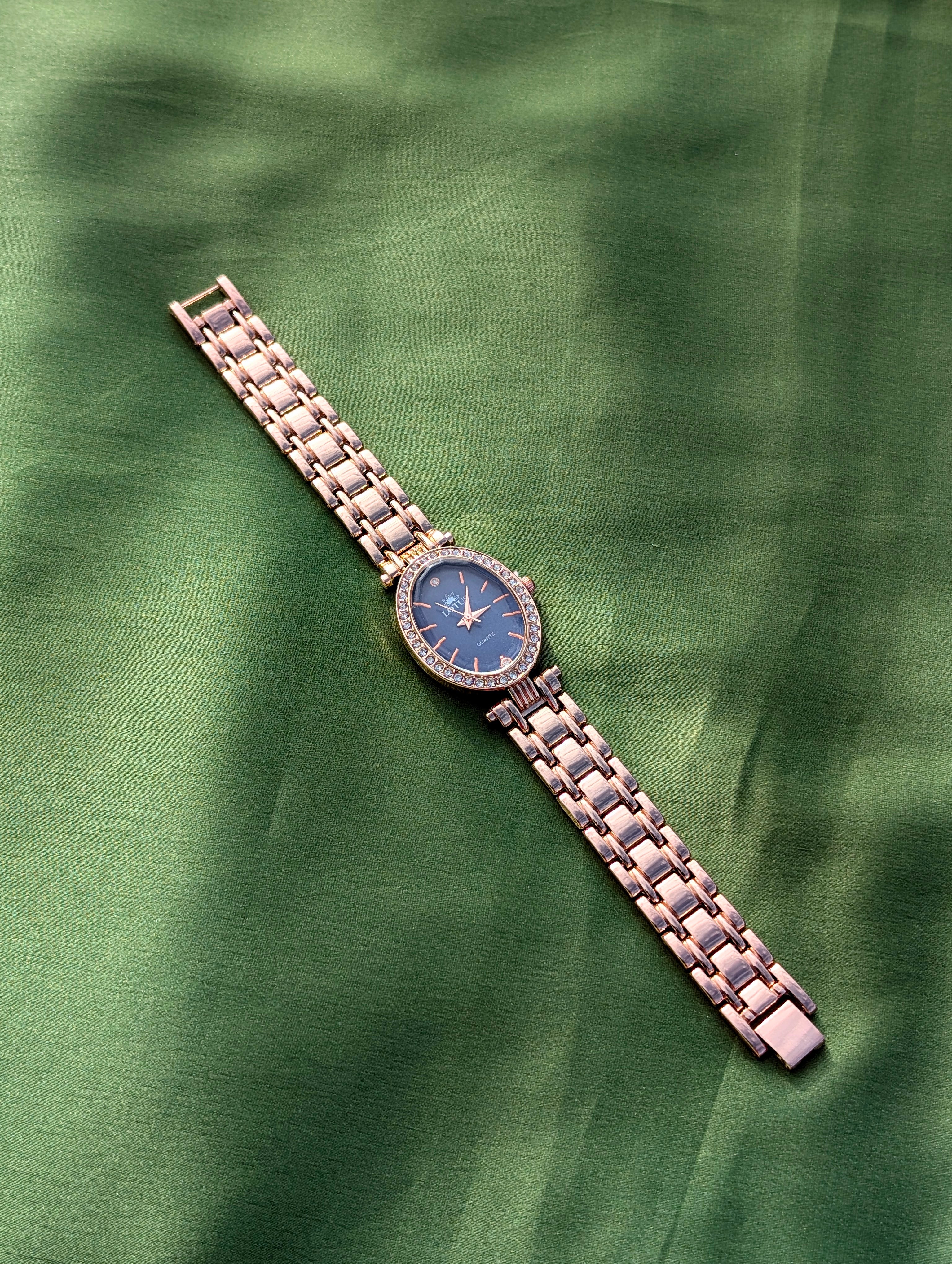 Elegant Oval Rose Gold Lotus Watch For Women