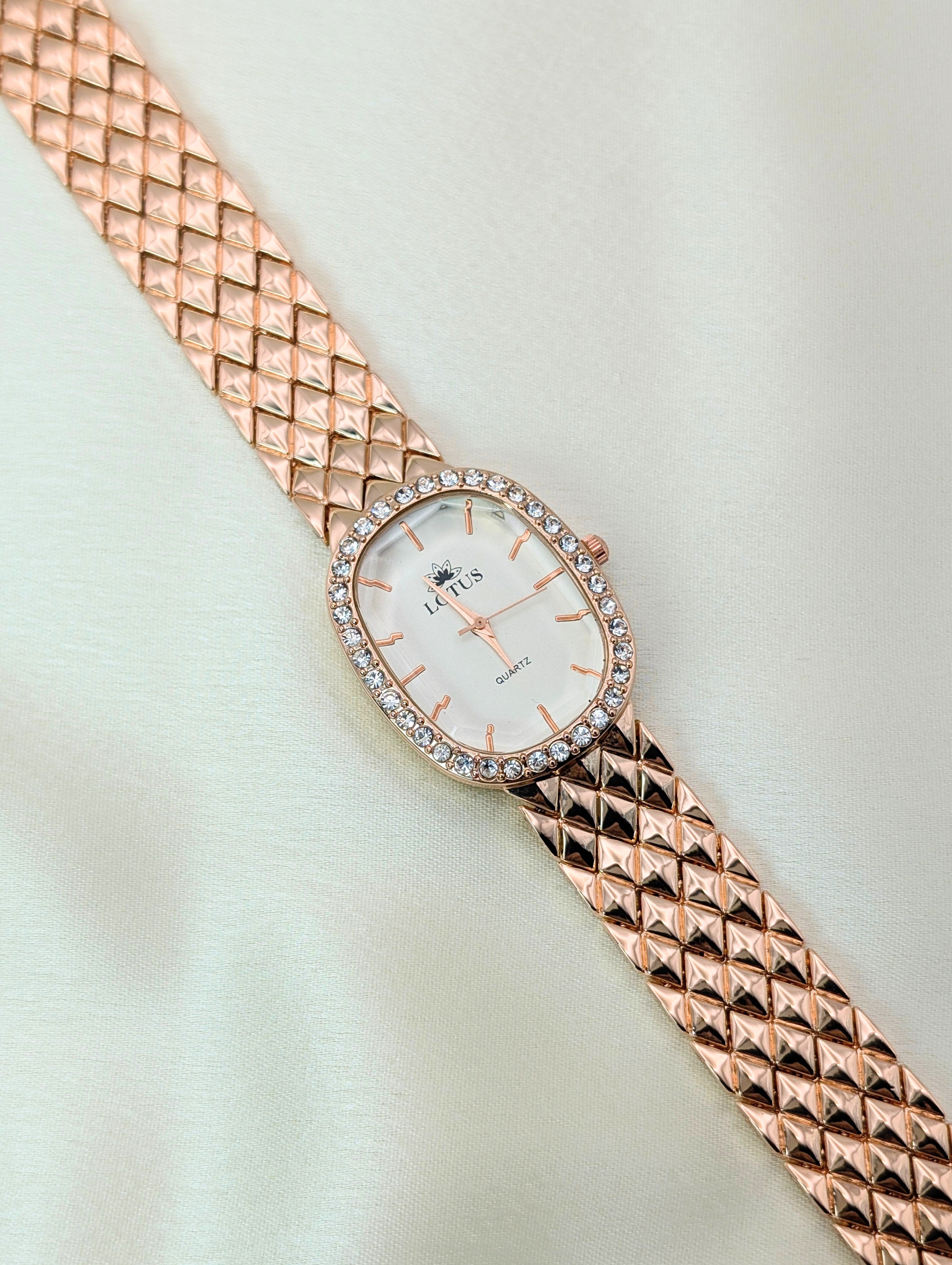 Elegant Oval Lotus Watch with Embossed Rose Gold Band For Women