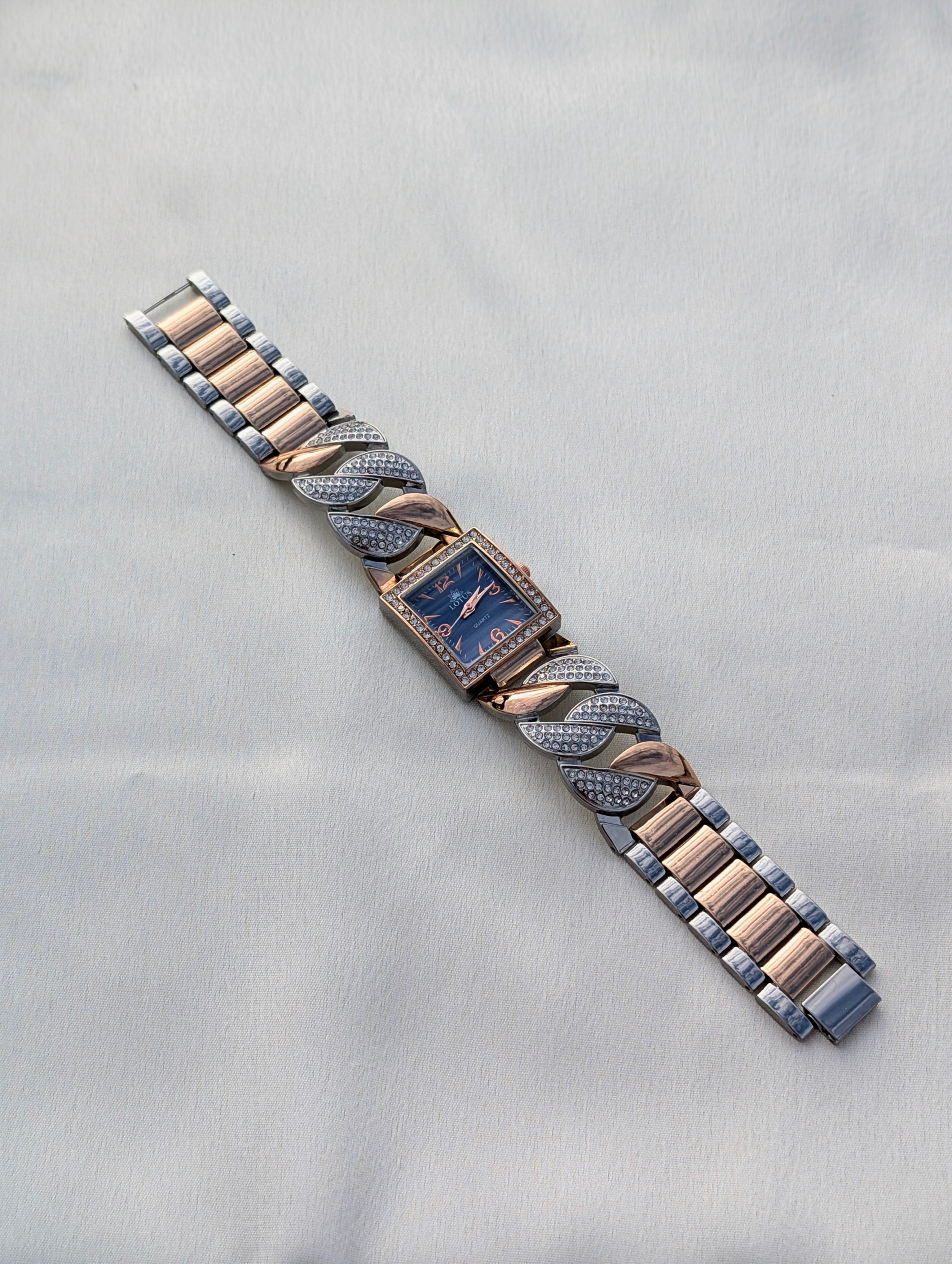 Luxury Rose Gold Square Dial Watch with Diamond Leaf Strap – Lotus Quartz For Women