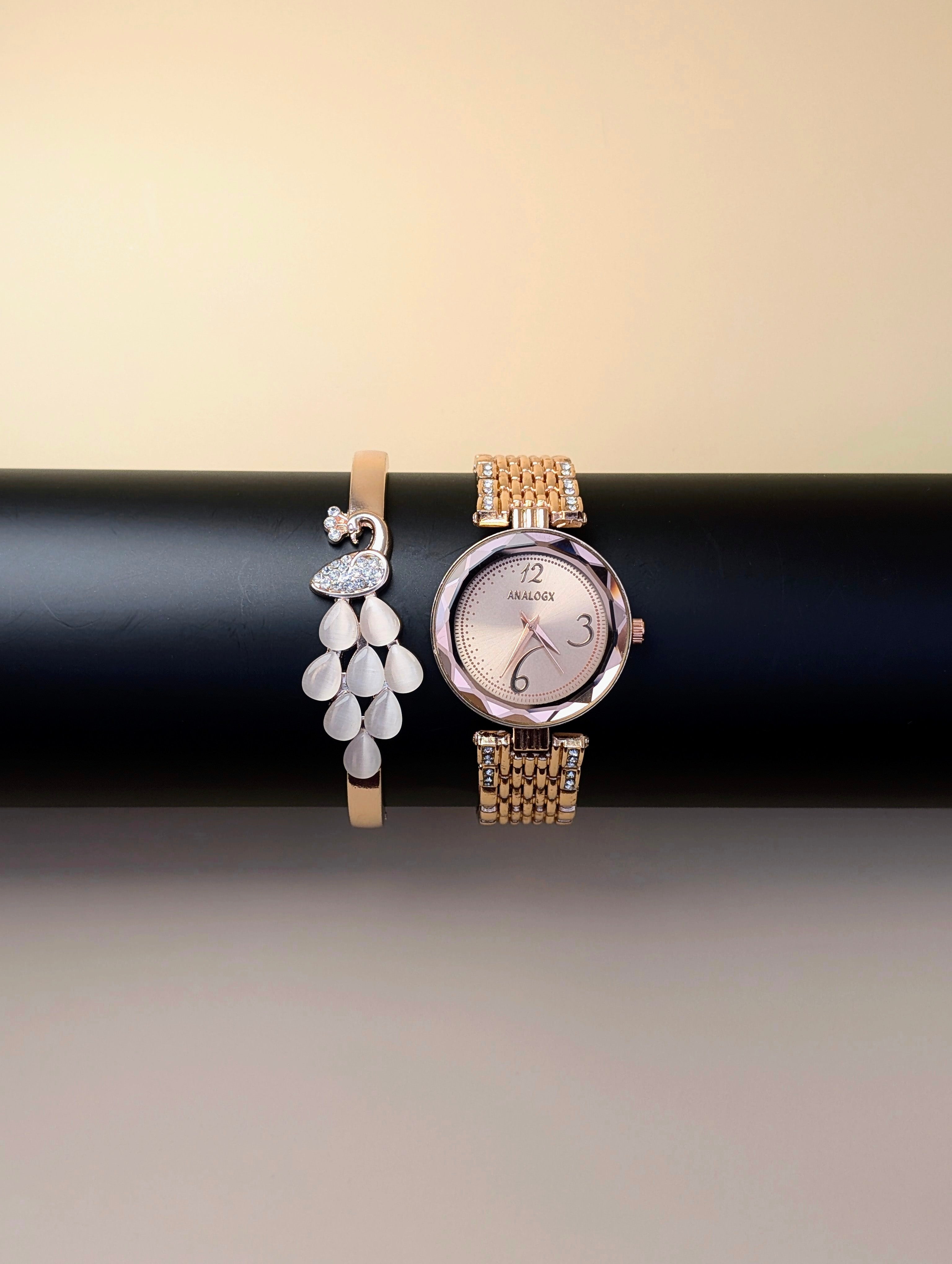 Peacock Charm Rose Gold Watch & Bracelet Set