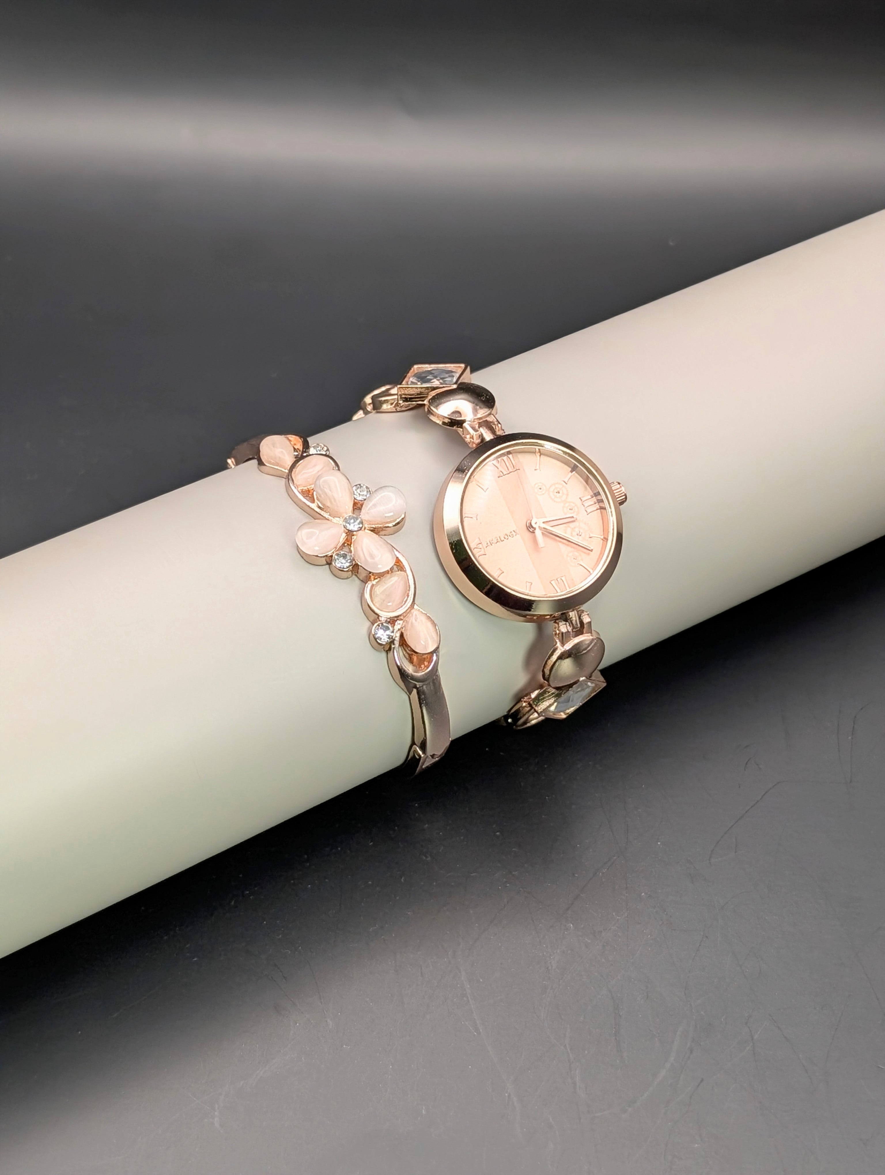 Chic Blossom Rose Gold Women's Watch & Bracelet Set