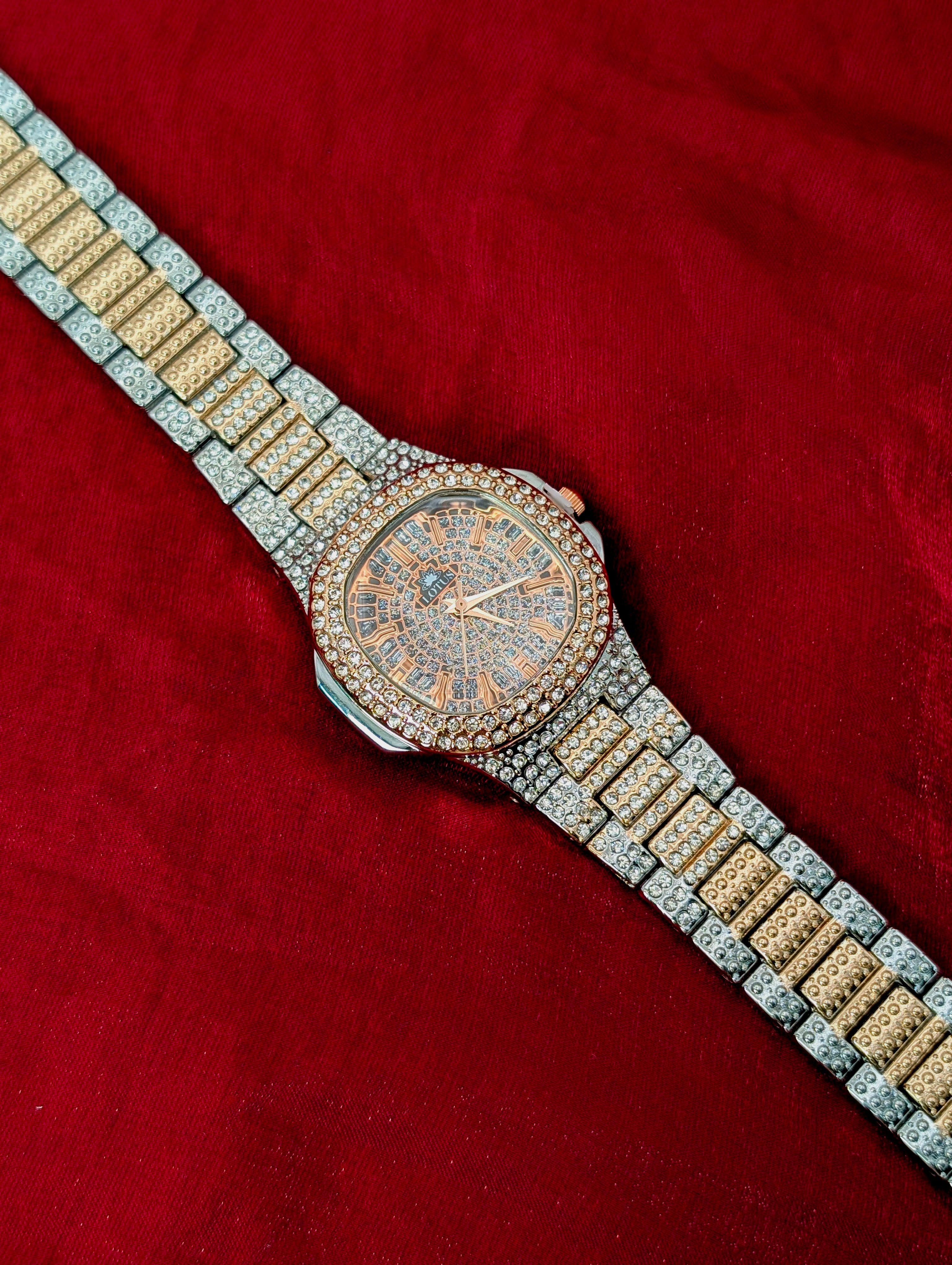 Luxury Diamond-Cut Crystal Watch – Dual Tone Rose Gold & Silver For Women