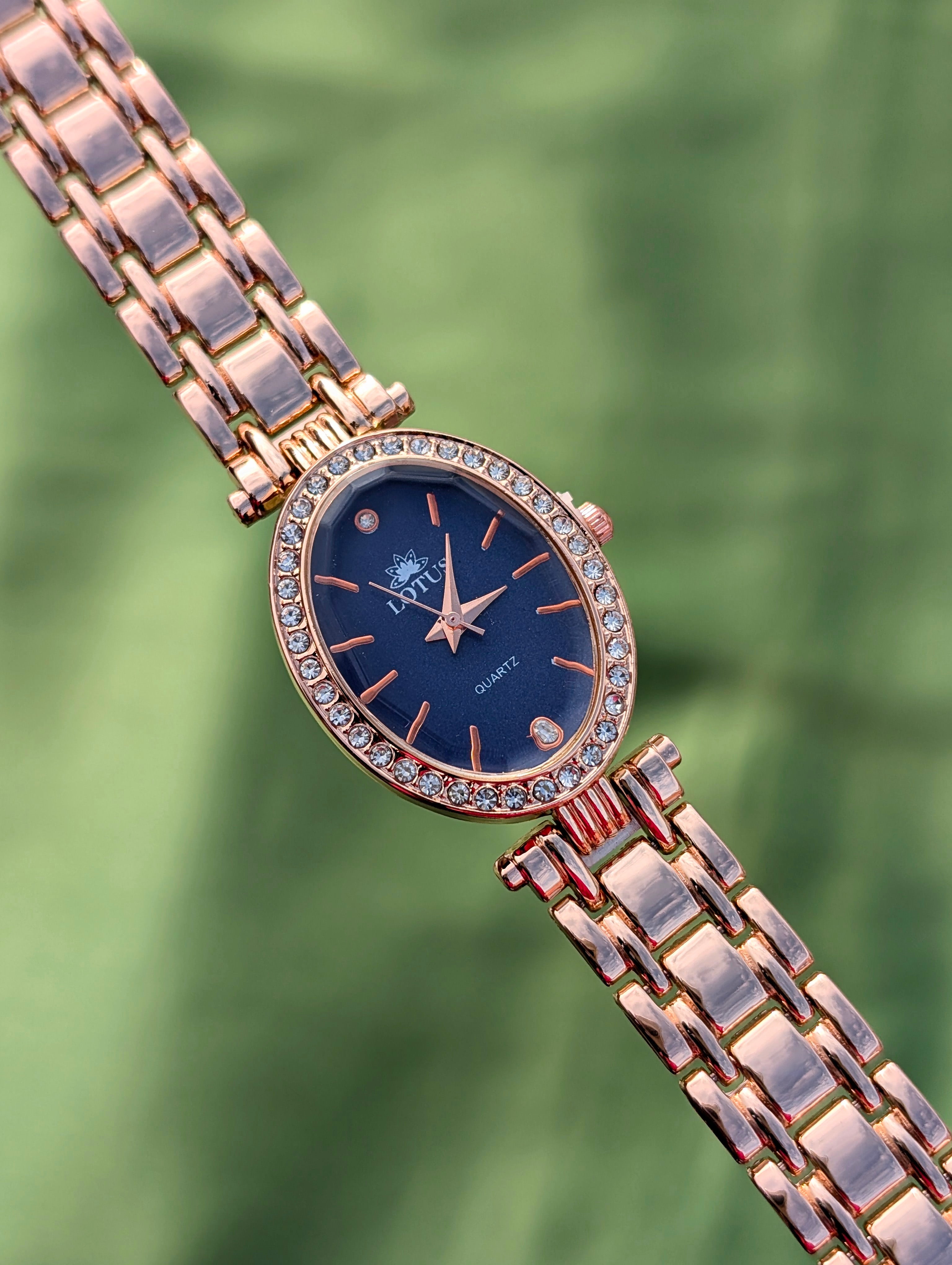 Elegant Oval Rose Gold Lotus Watch For Women
