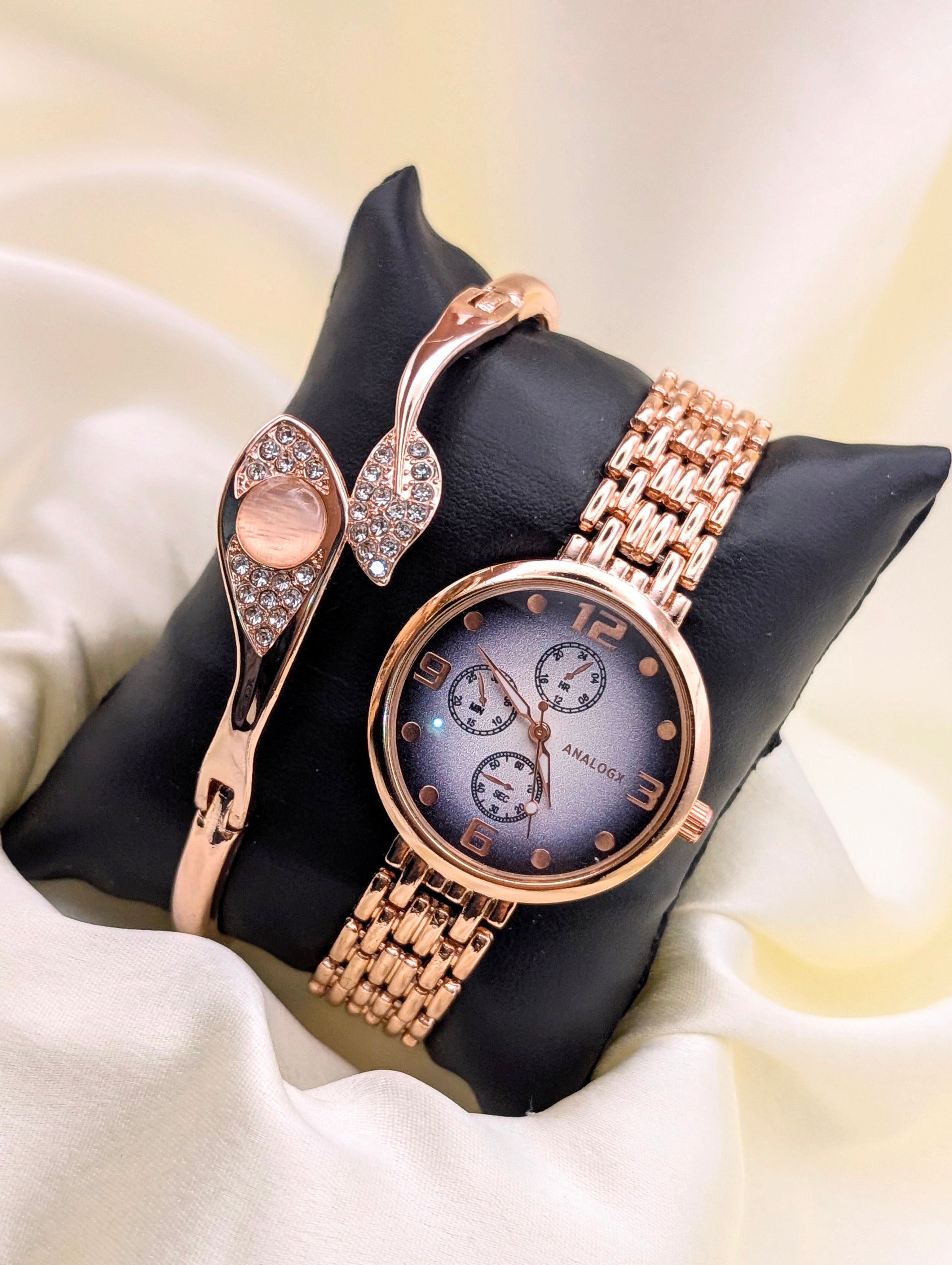 Sophisticated Shine: Rose Gold Watch & Unique Crystal Arm Candy for women