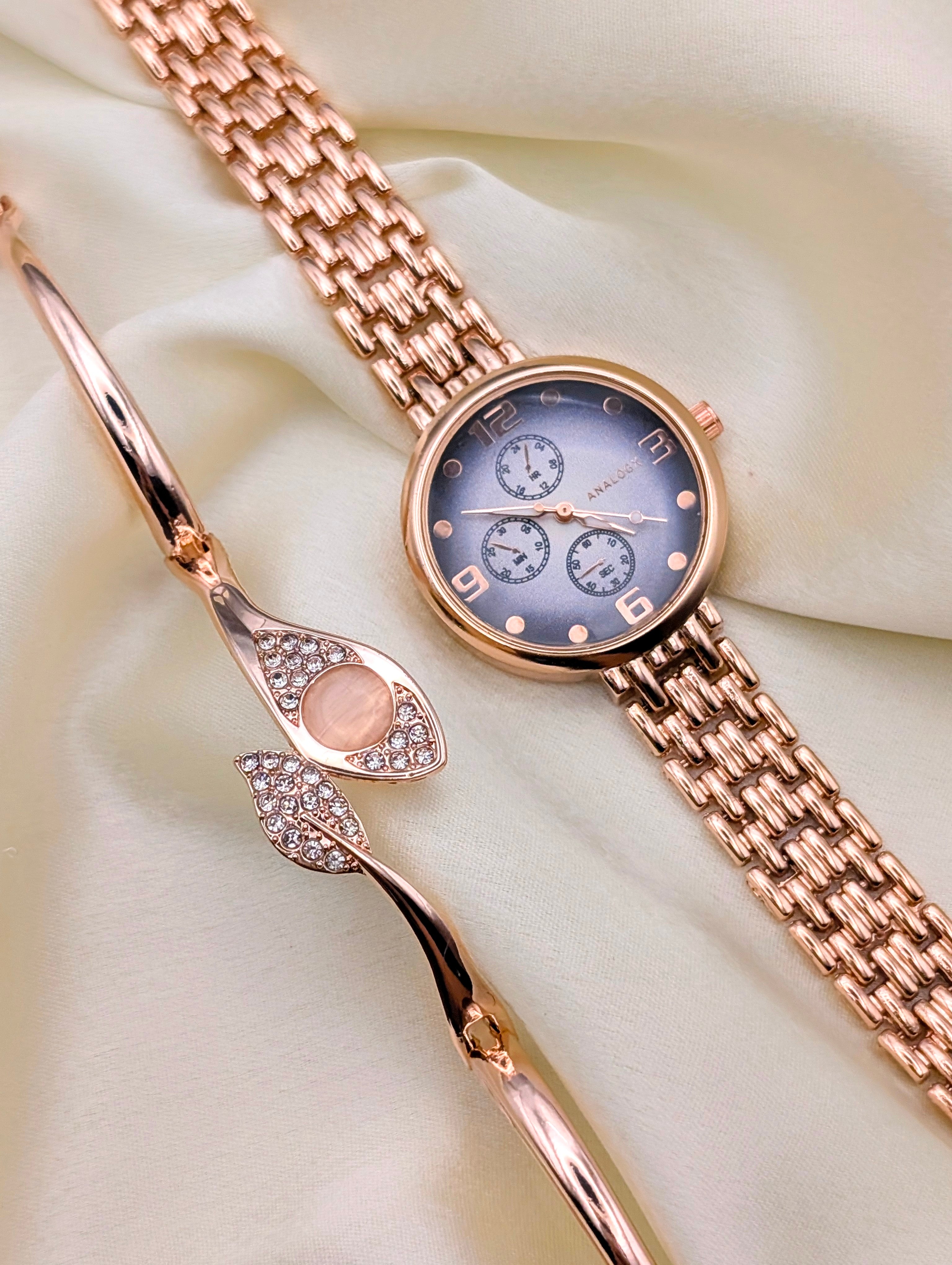 Sophisticated Shine: Rose Gold Watch & Unique Crystal Arm Candy for women