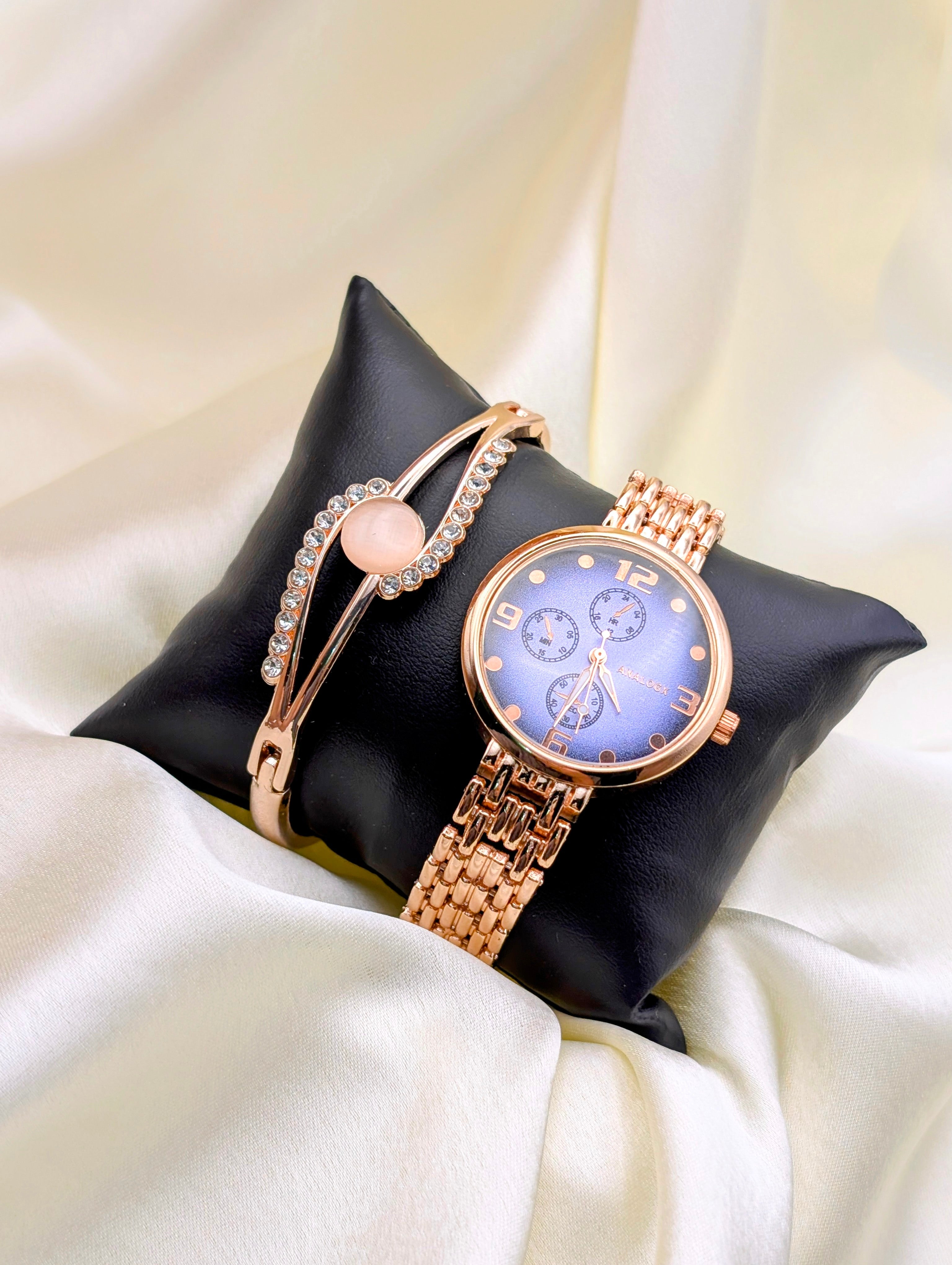 Timeless Beauty: Rose Gold Watch & Contemporary Bracelet for women