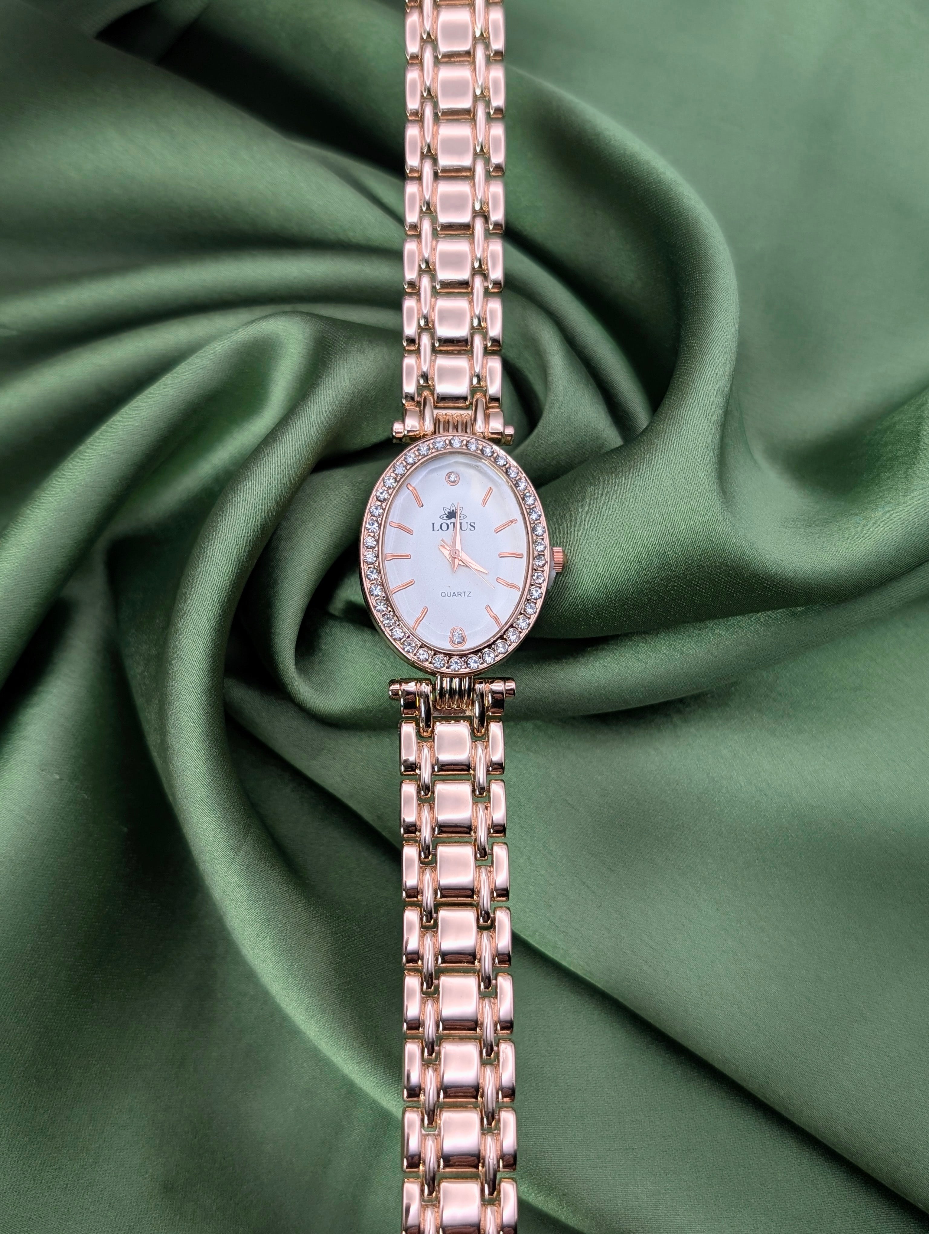 Elegant Oval Rose Gold Lotus Watch For Women