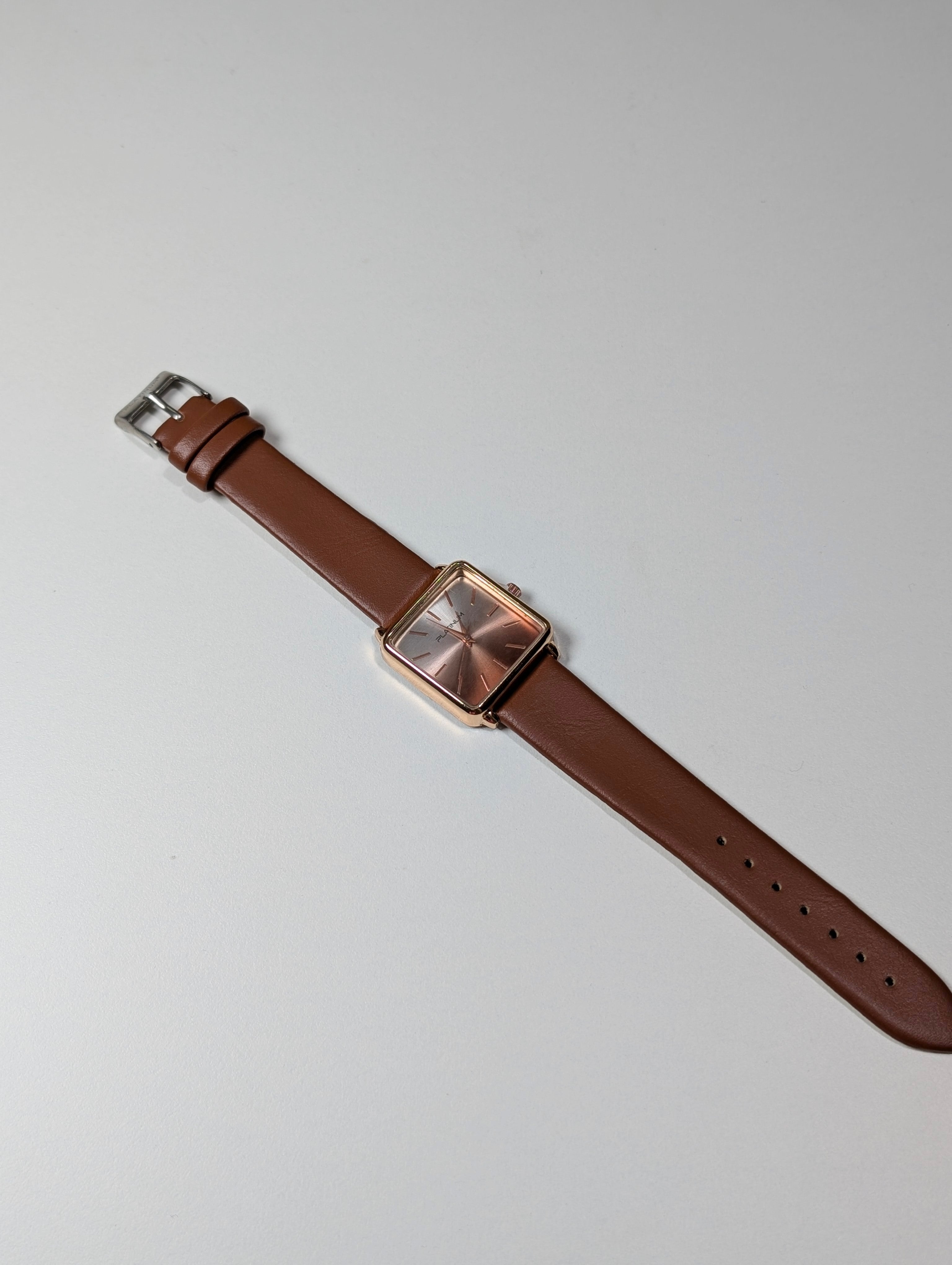 Minimalist Platinum Square Brown Watch