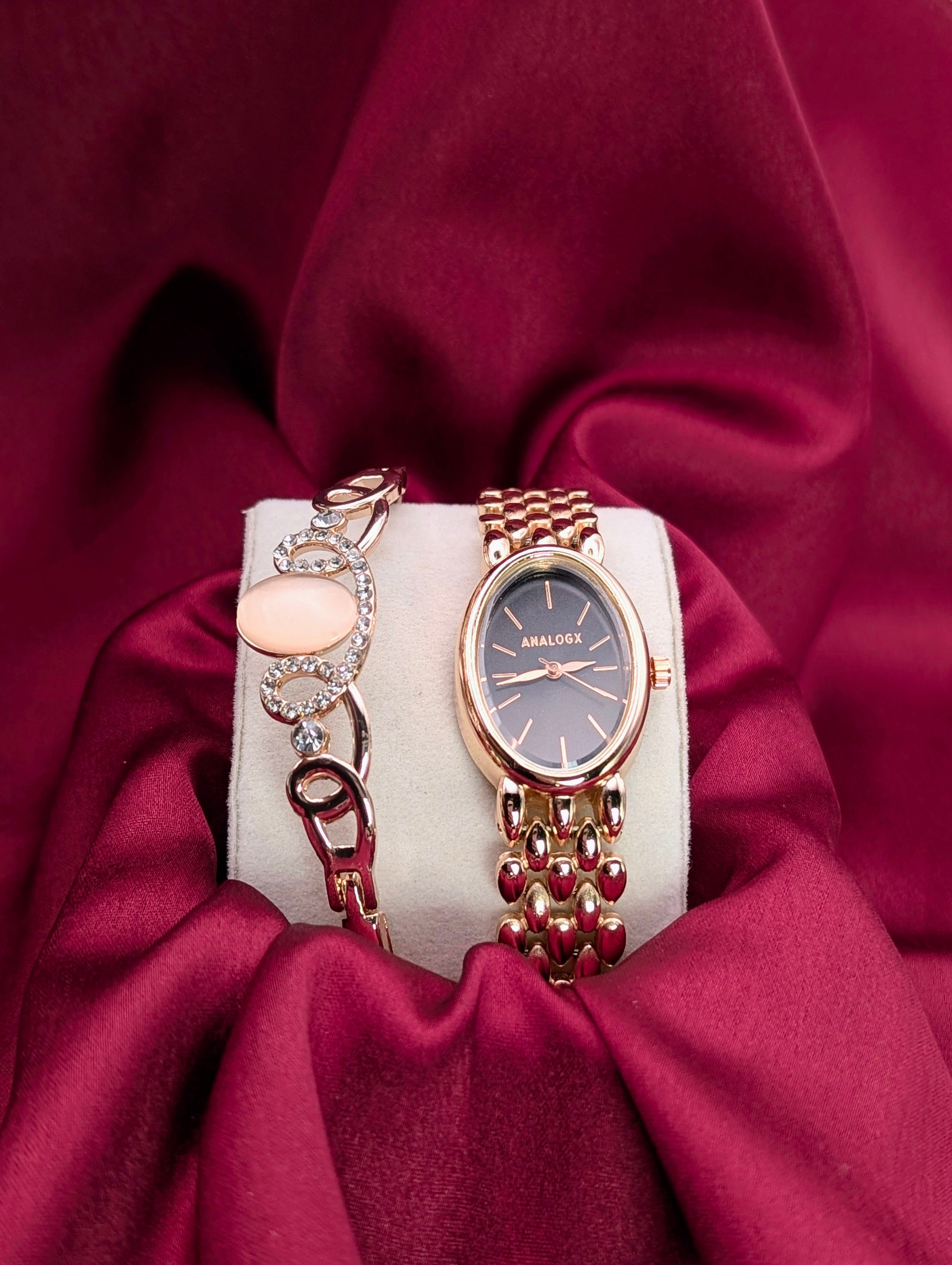 Elegant Rose Gold Watch & Gem Bracelet Set
