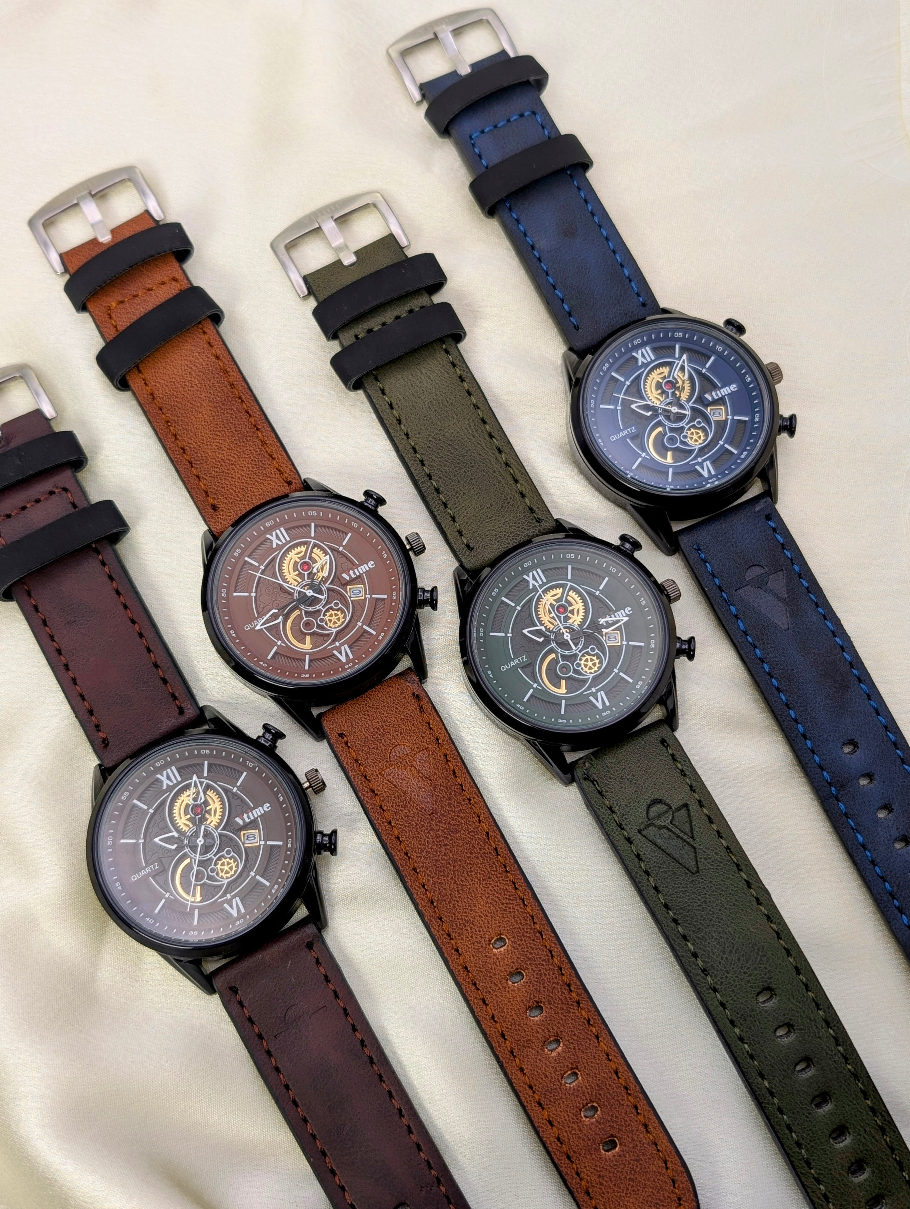 Stylish Gents' Watches: Black Dial & Colored Leather Straps for men