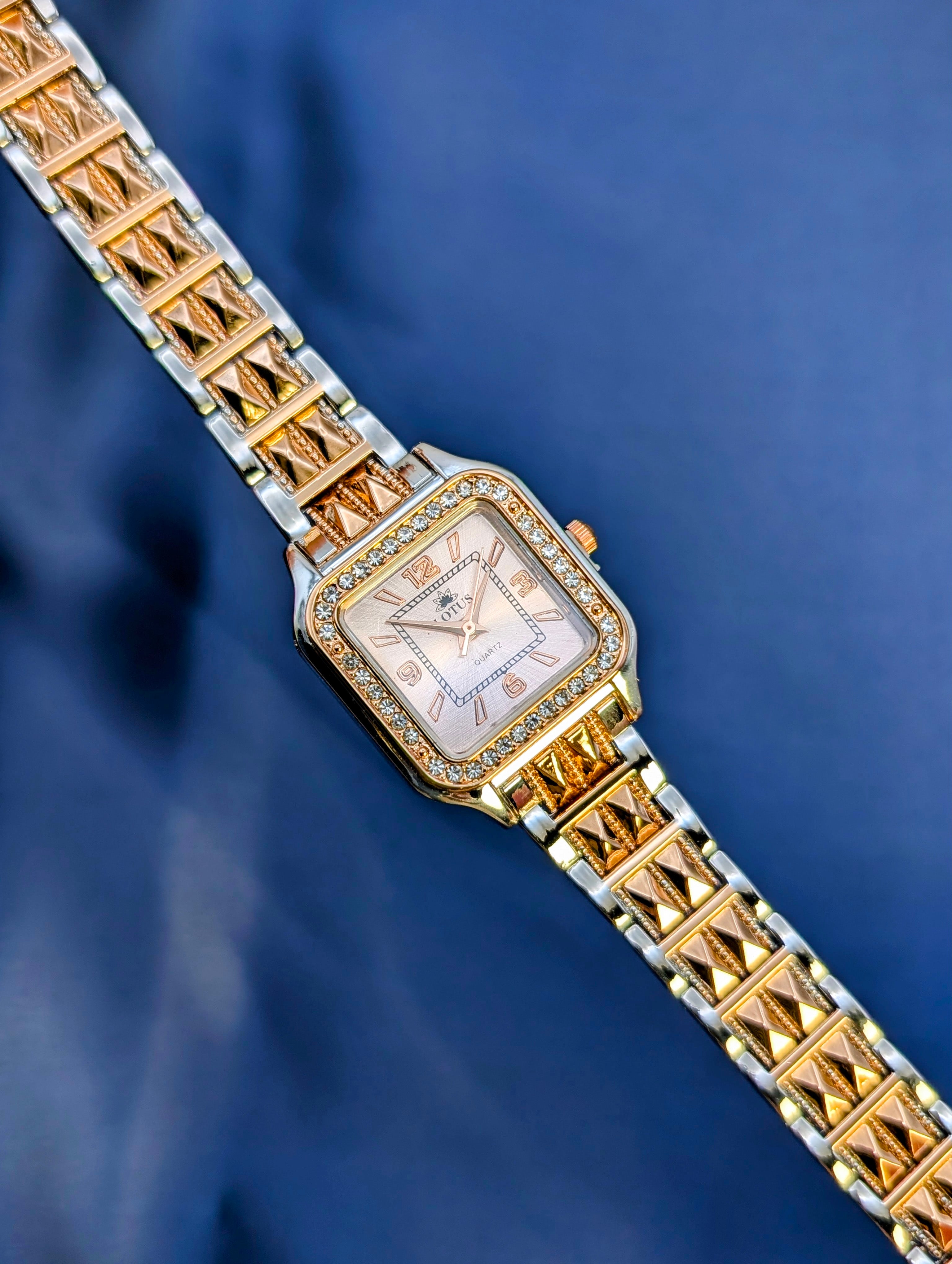 Two-Tone Square Lotus Watch with Studded Band For Women