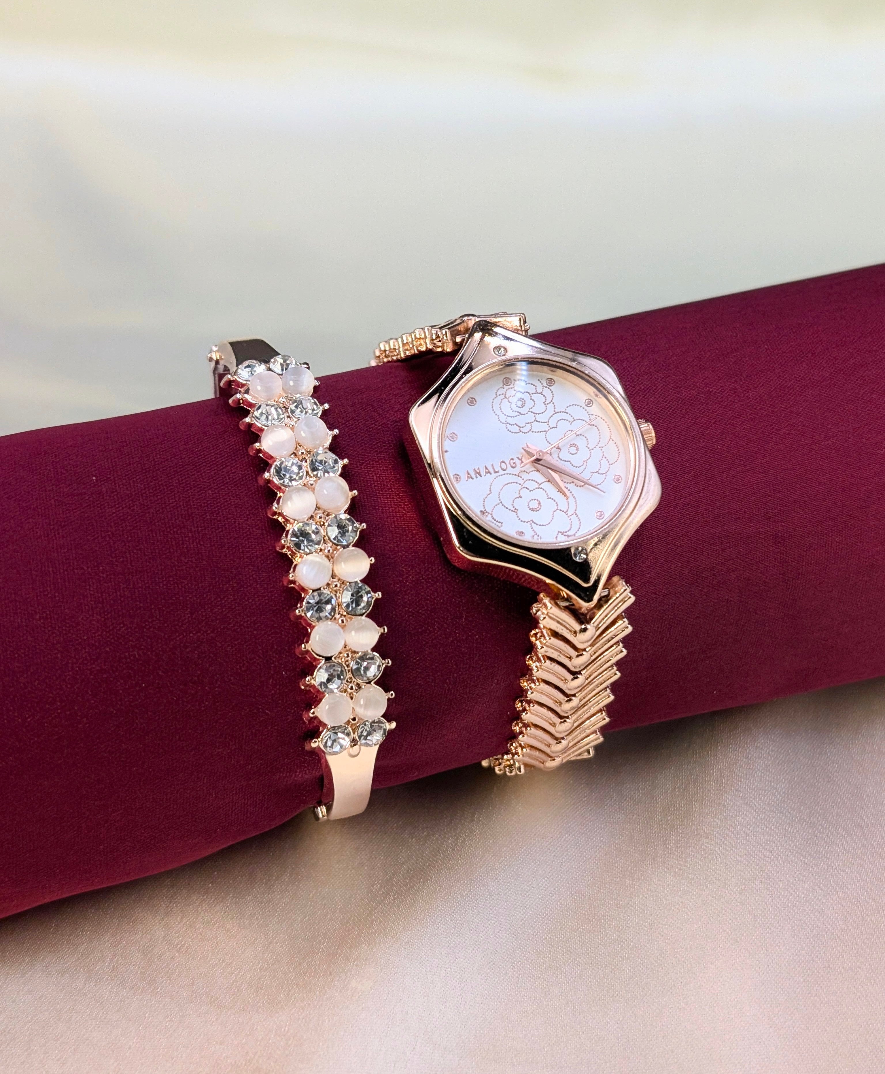 Golden Blossom: Chic Women’s Watch & Bracelet Set