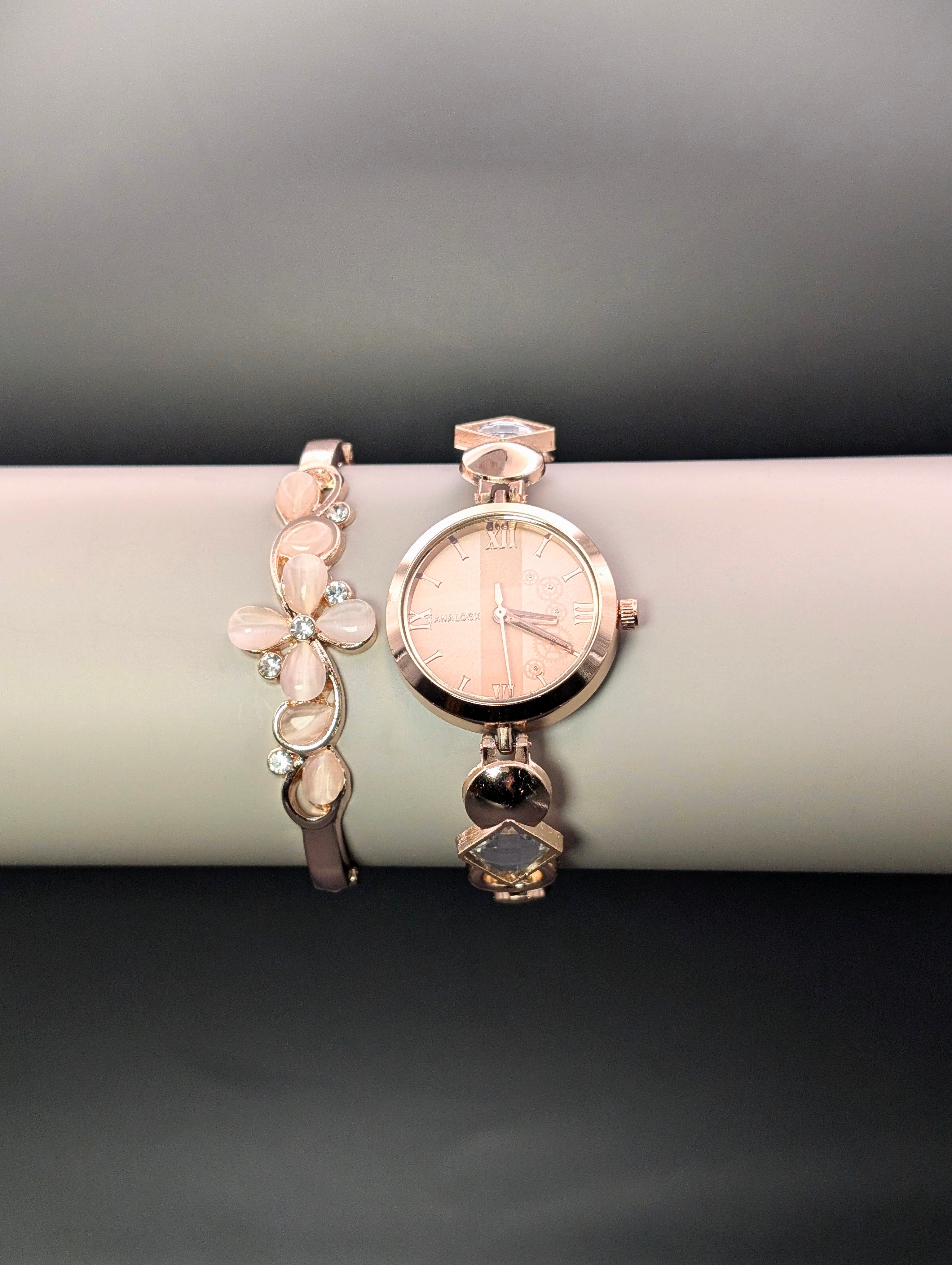 Chic Blossom Rose Gold Women's Watch & Bracelet Set