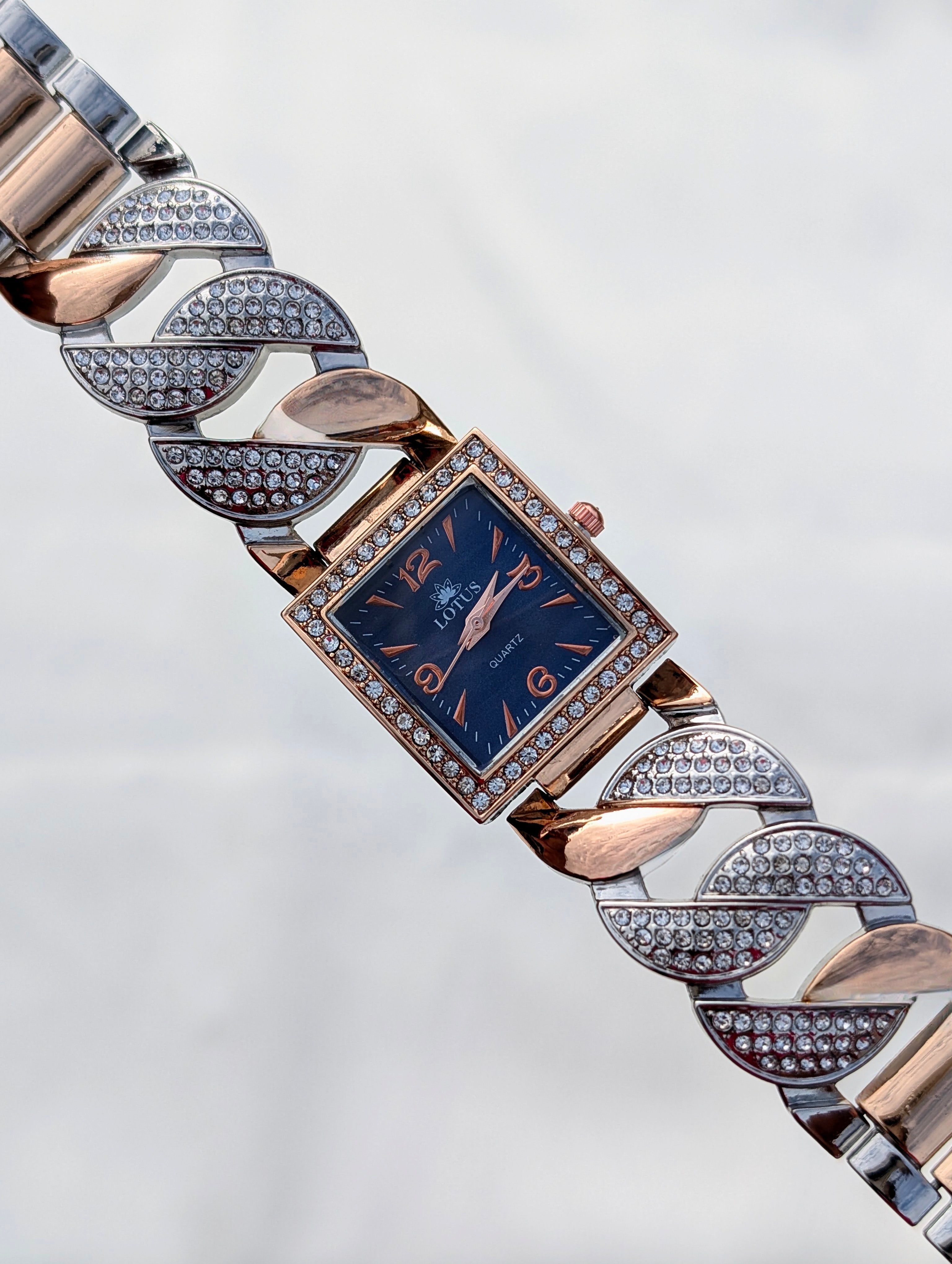 Luxury Rose Gold Square Dial Watch with Diamond Leaf Strap – Lotus Quartz For Women