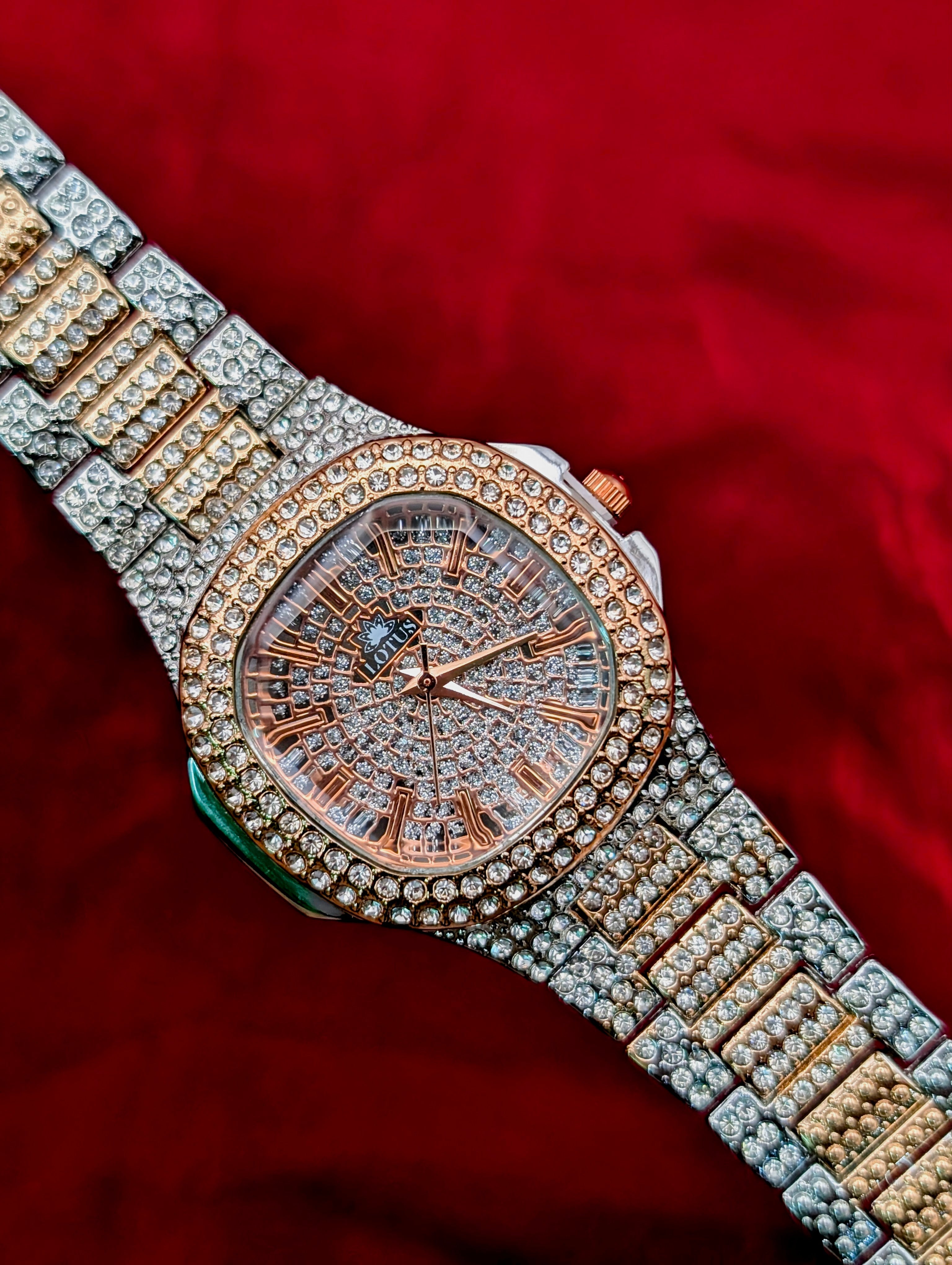 Luxury Diamond-Cut Crystal Watch – Dual Tone Rose Gold & Silver For Women