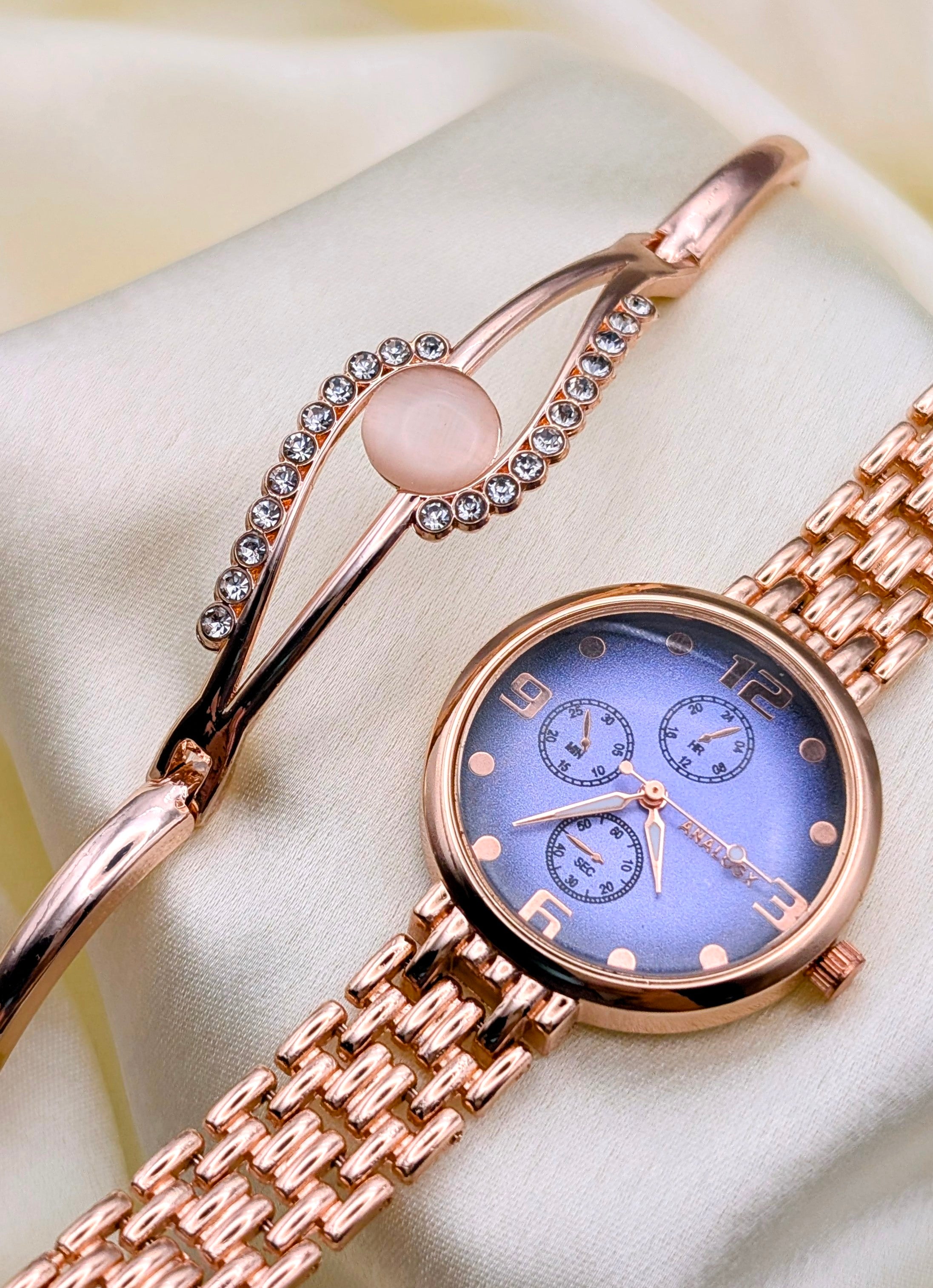Timeless Beauty: Rose Gold Watch & Contemporary Bracelet for women