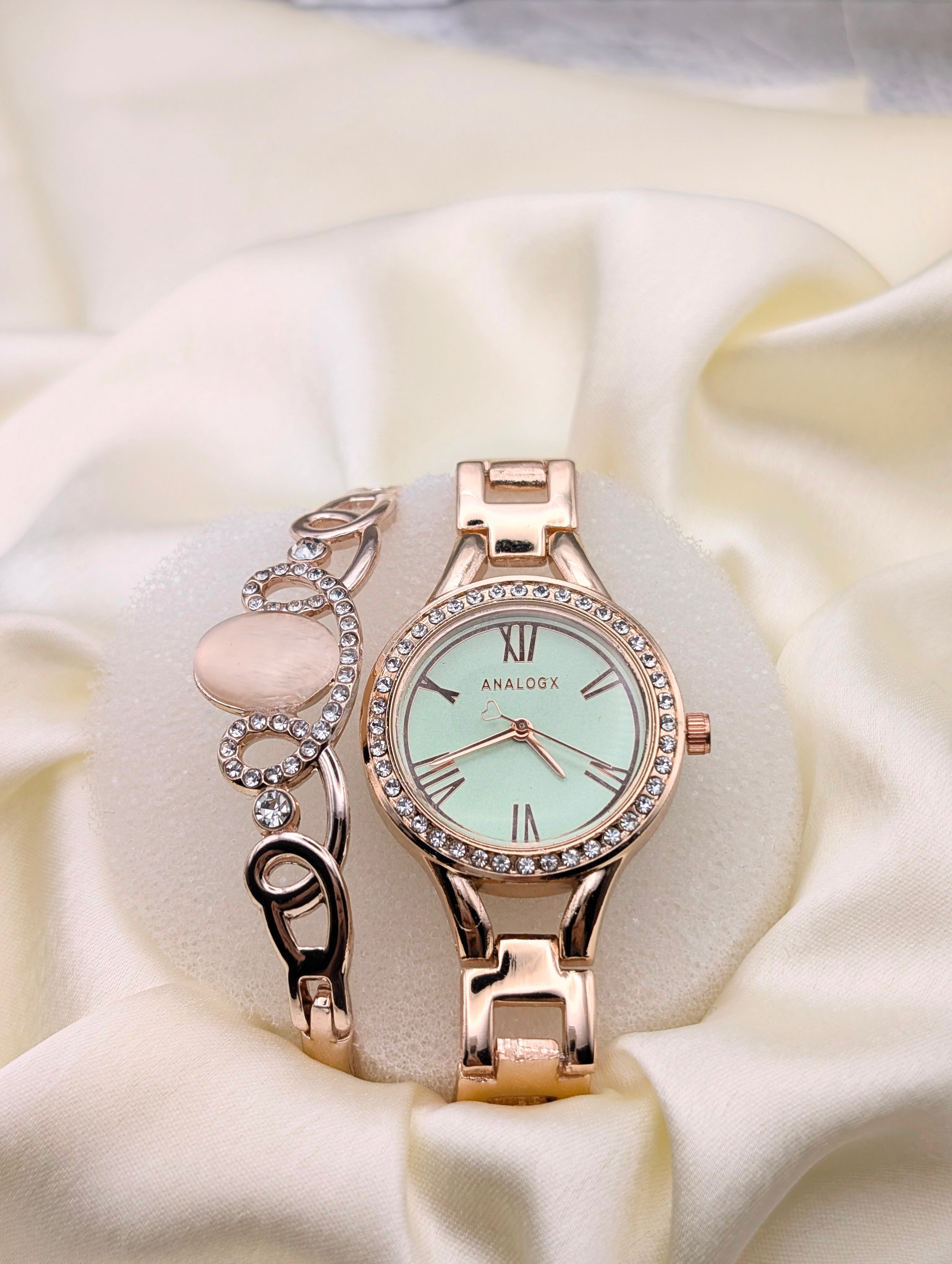 Dazzling Rose Gold Watch with Unique Crystal Bracelet for women