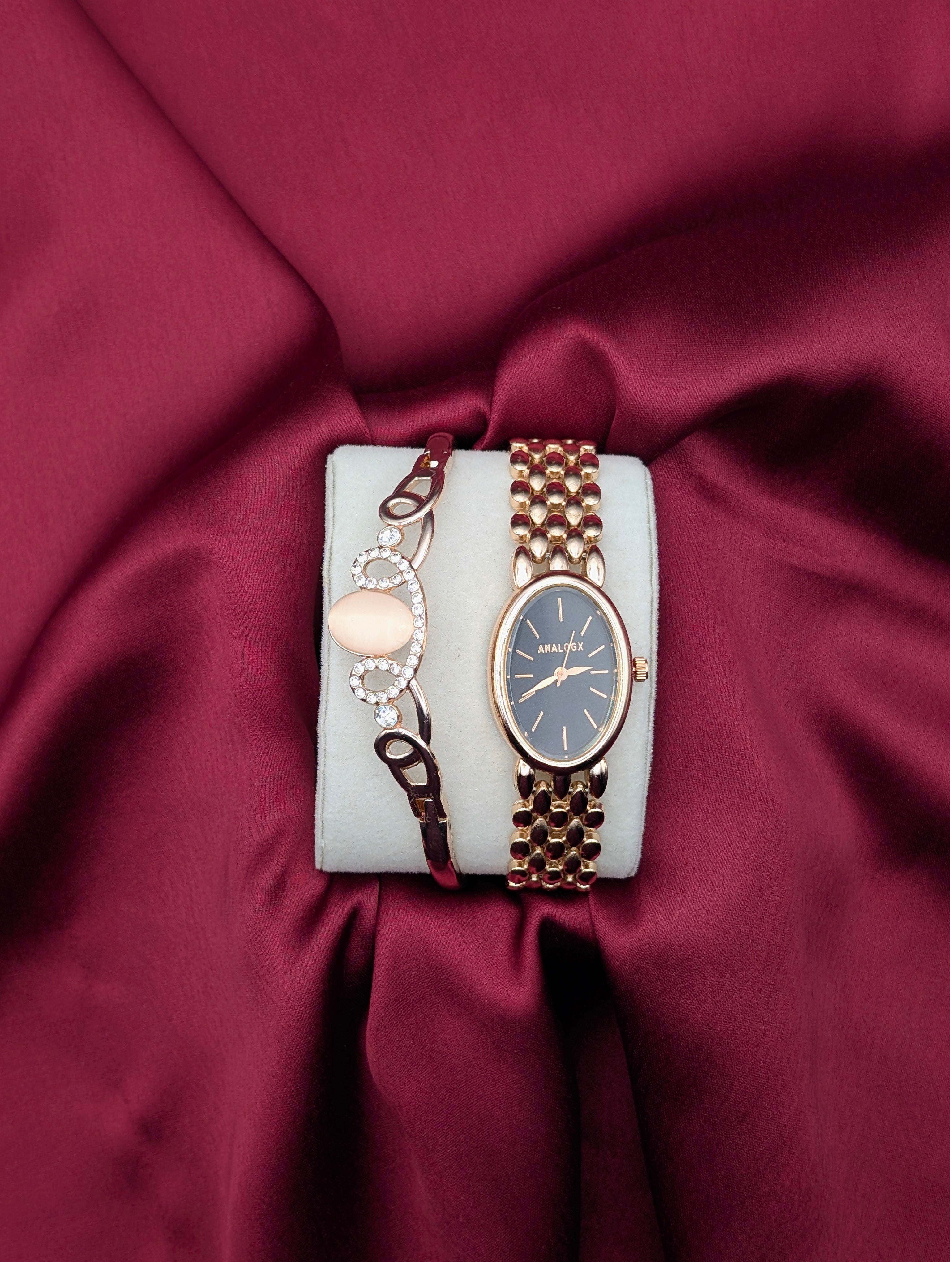 Elegant Rose Gold Watch & Gem Bracelet Set