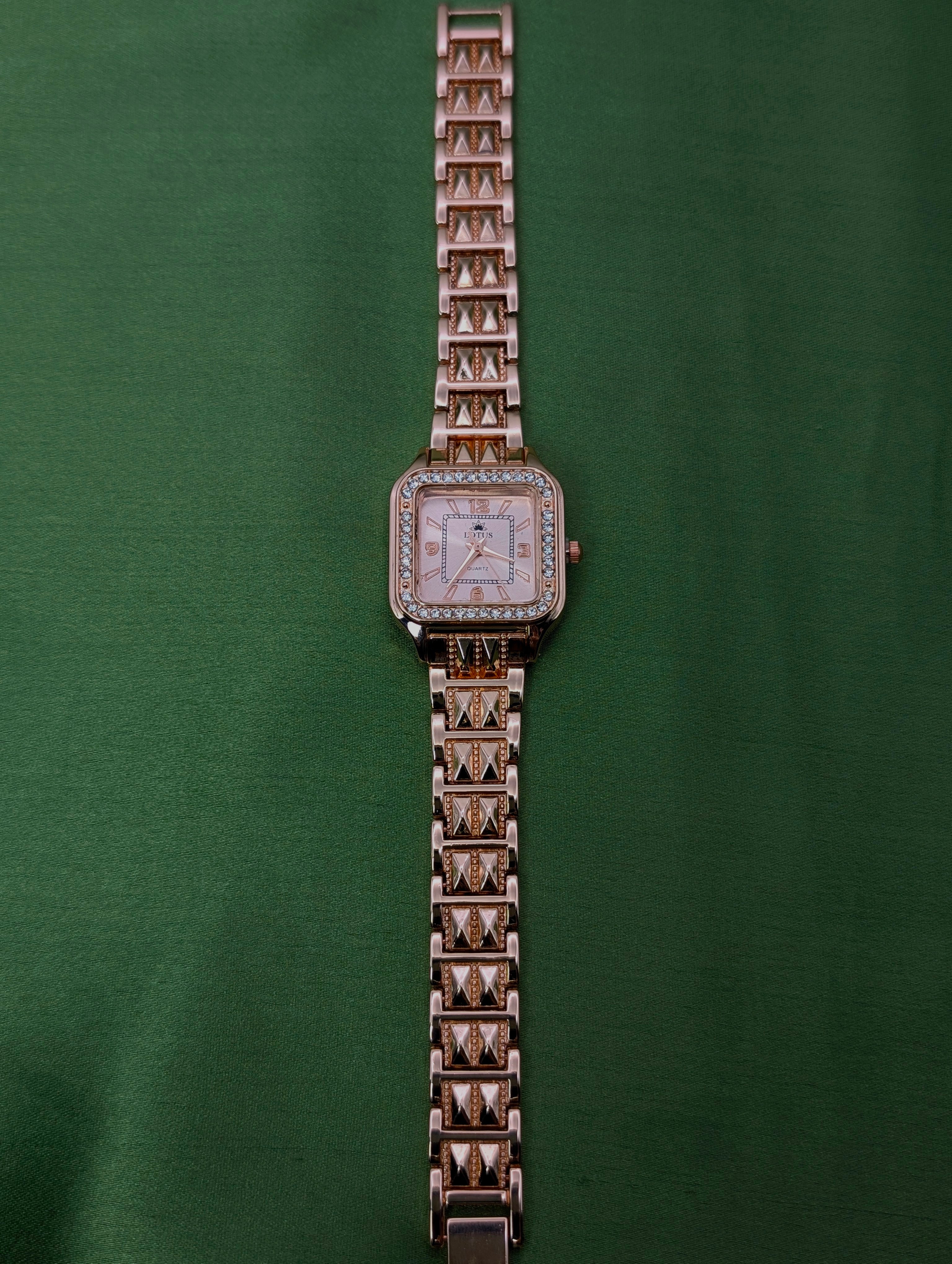Rose Gold Square Lotus Watch with Studded Band For Women