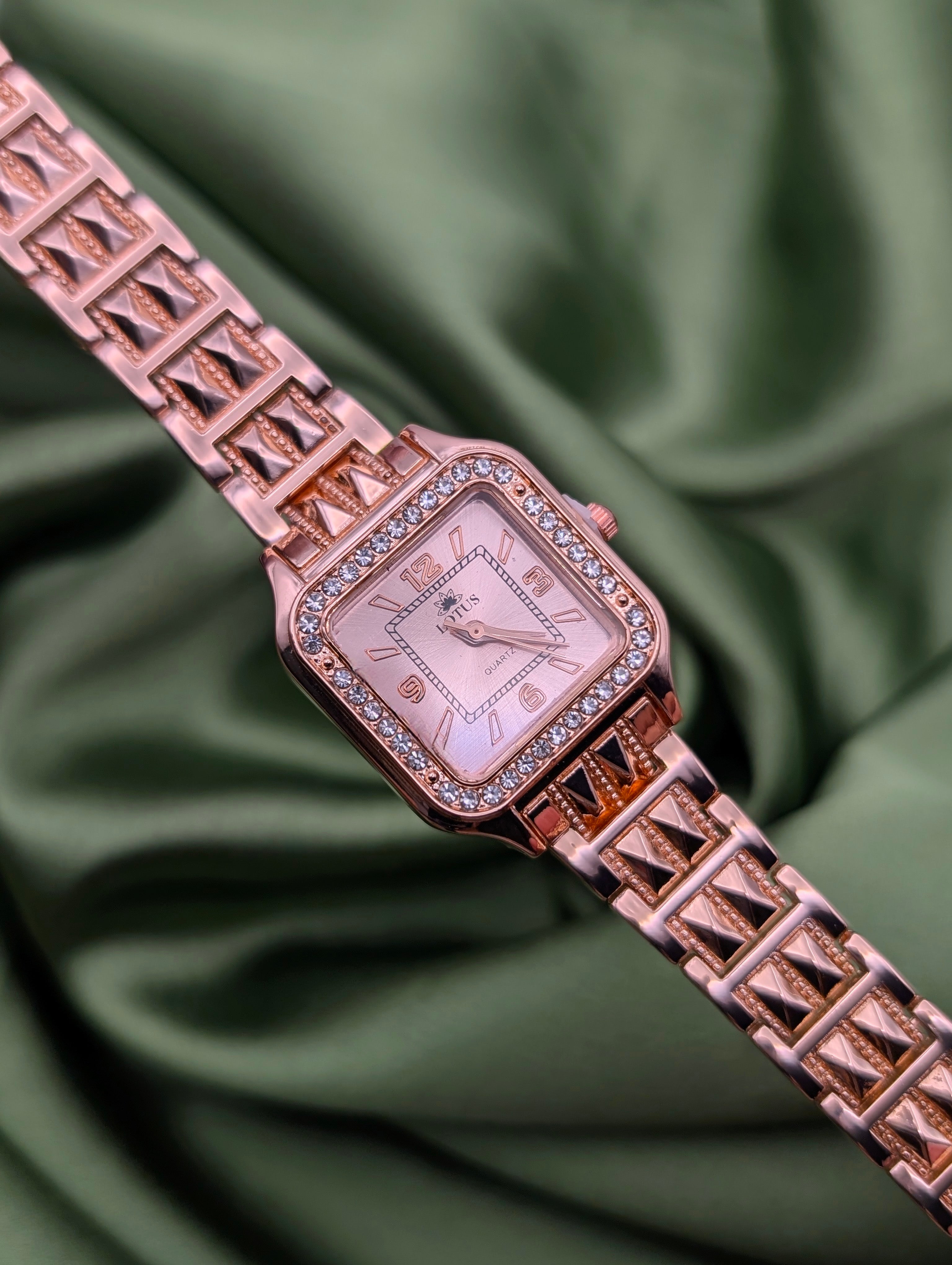 Rose Gold Square Lotus Watch with Studded Band For Women
