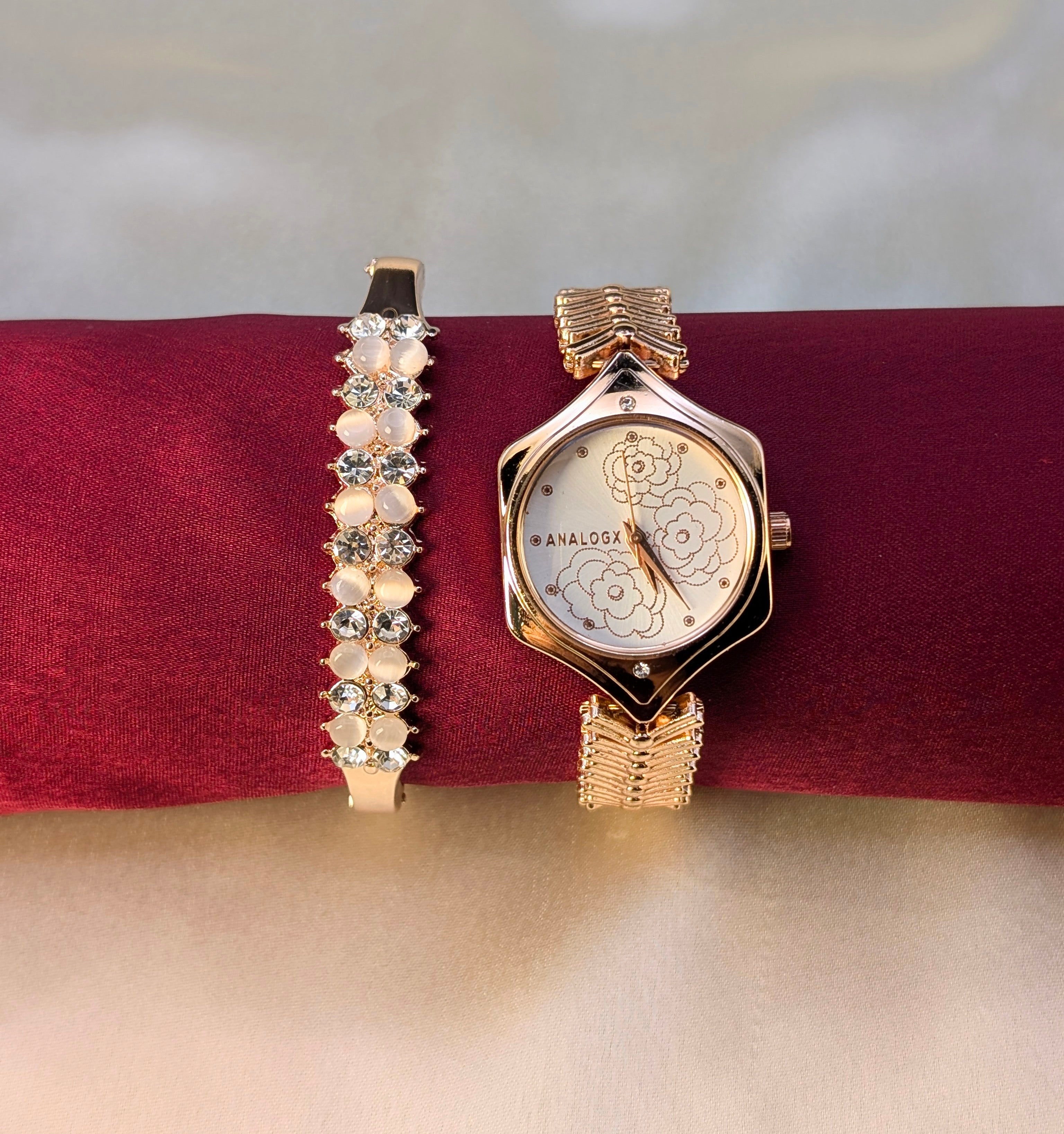 Golden Blossom: Chic Women’s Watch & Bracelet Set