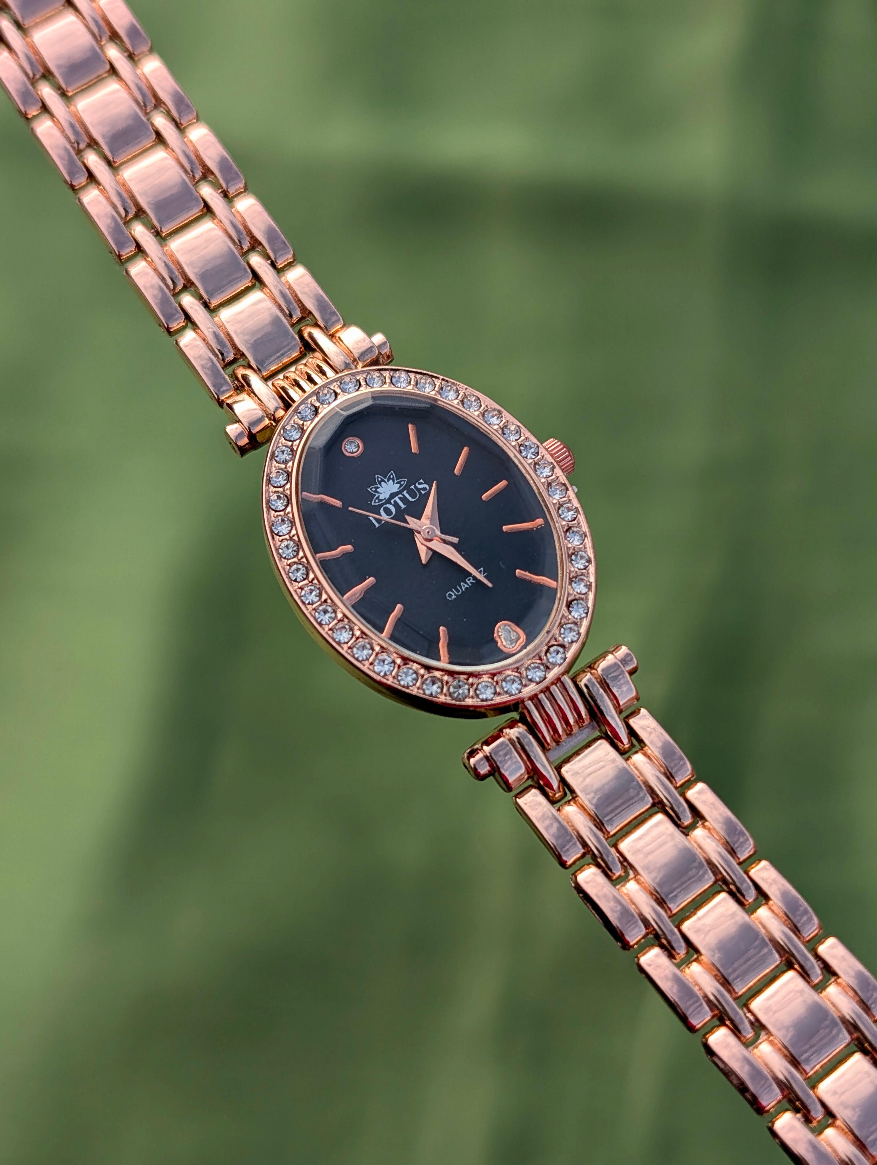 Elegant Oval Rose Gold Lotus Watch For Women