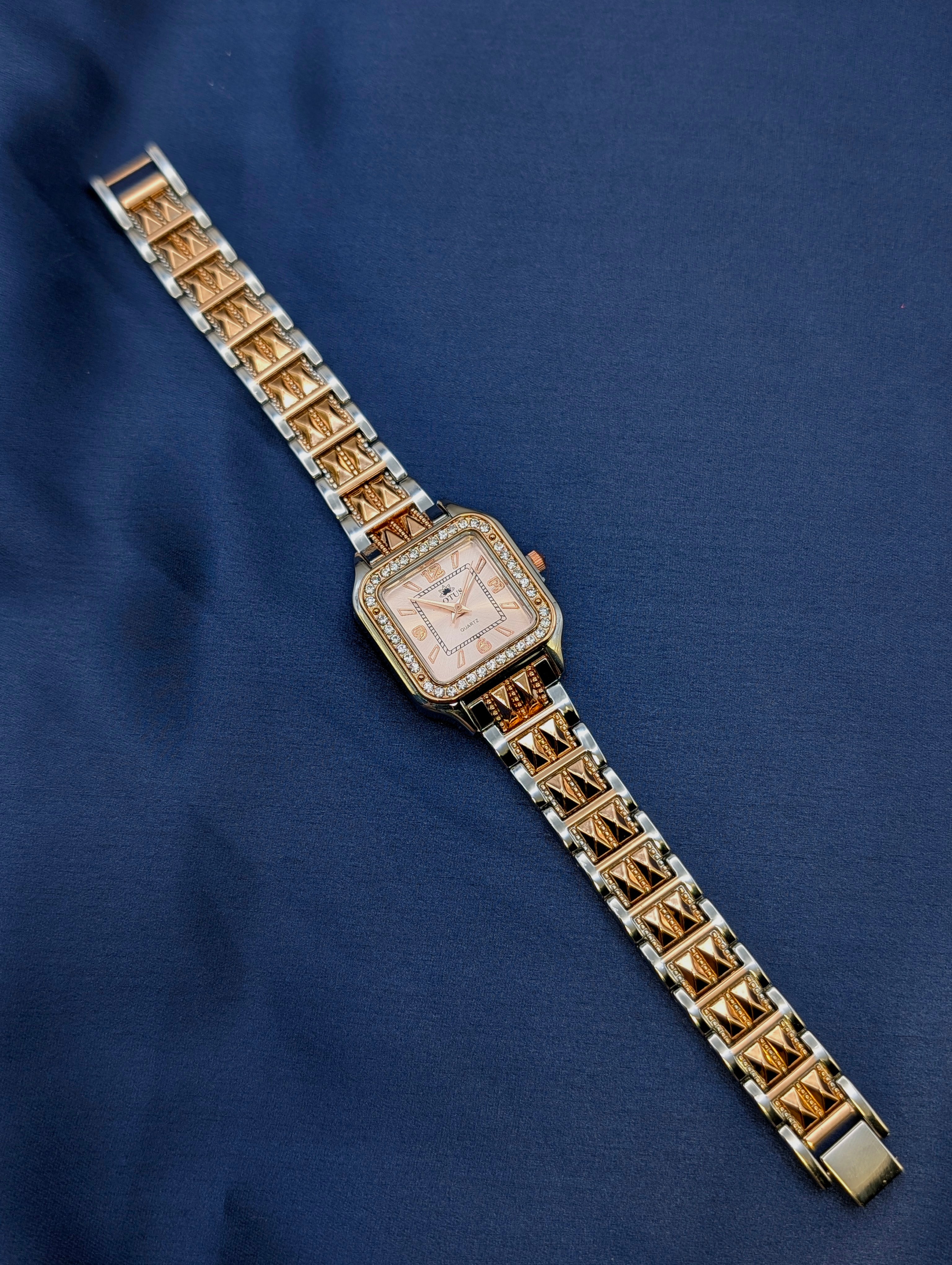 Two-Tone Square Lotus Watch with Studded Band For Women
