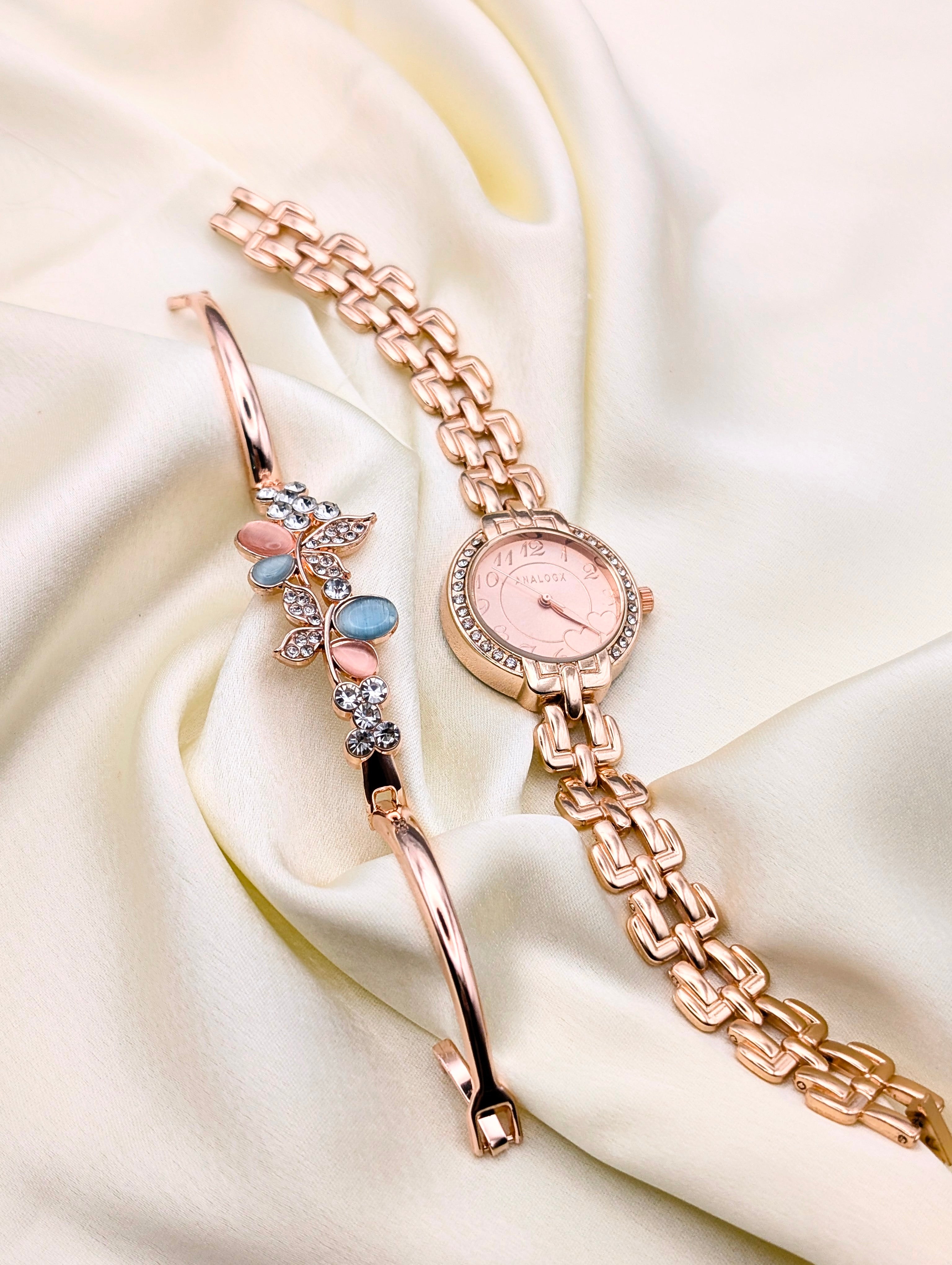 Sparkle & Style: Rose Gold Watch & Gemstone Flower Bracelet for women